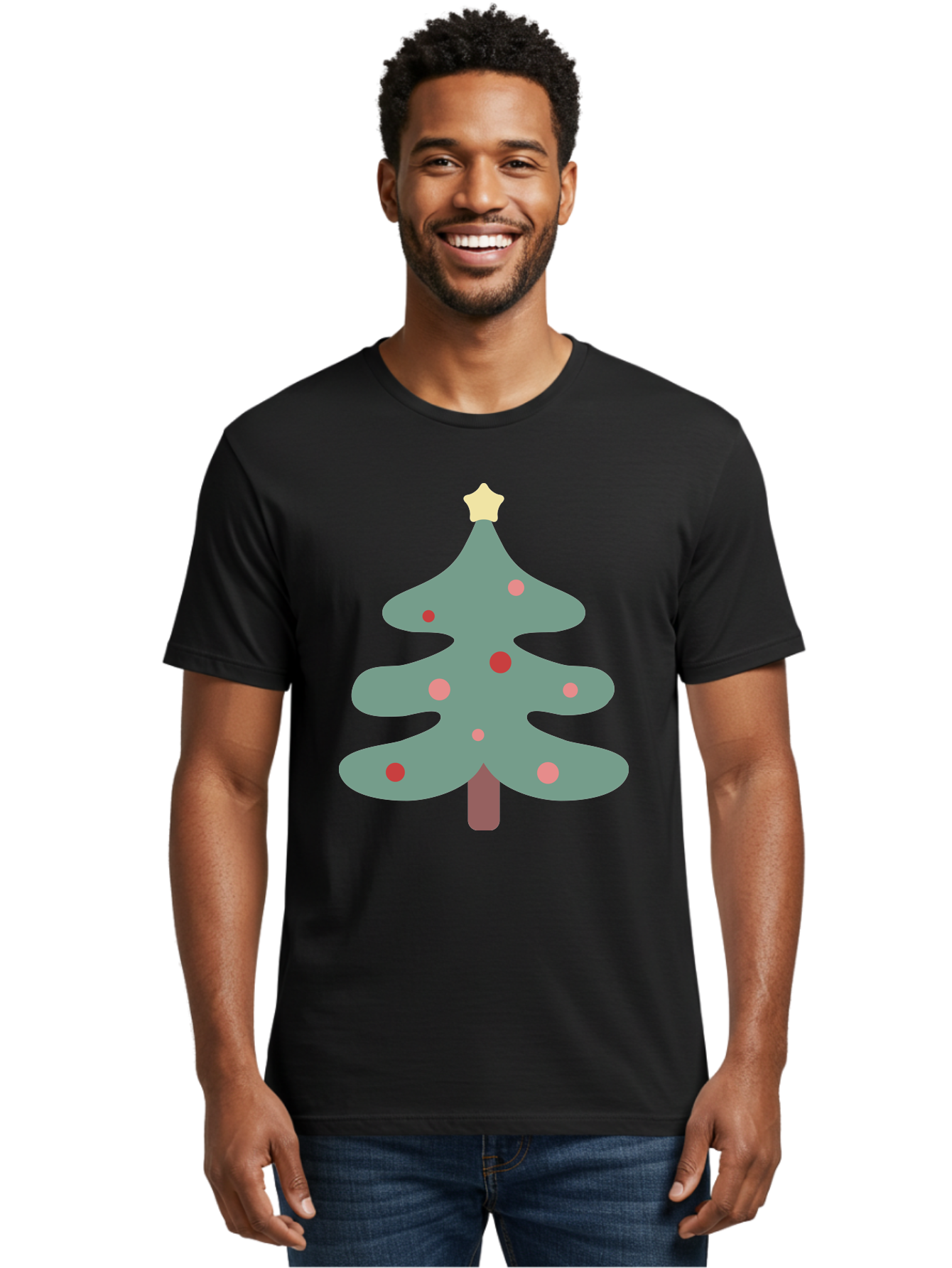 Christmas-Tree Men'S Graphic Tee, 100% Cotton, Comfortable Casual Summer Wear, Machine Washable, Christmas Tree, Festive Decorations, Red Ornaments, Pink Baubles, Star Topper, Holiday Cheer, Winter Wonderland, Cartoon Style, Simple Design, Aac594 22