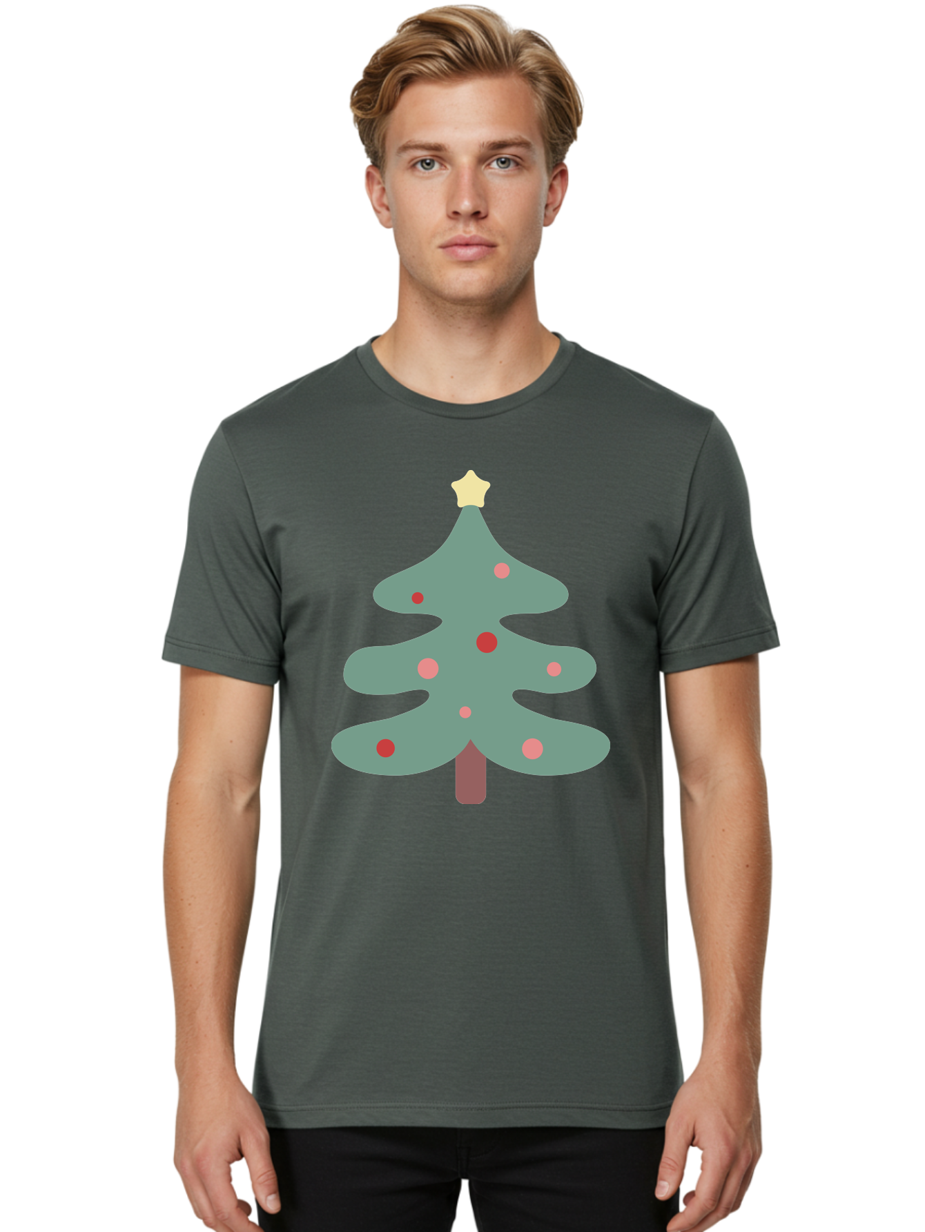 Christmas-Tree Men'S Graphic Tee, 100% Cotton, Comfortable Casual Summer Wear, Machine Washable, Christmas Tree, Festive Decorations, Red Ornaments, Pink Baubles, Star Topper, Holiday Cheer, Winter Wonderland, Cartoon Style, Simple Design, Aac594 24