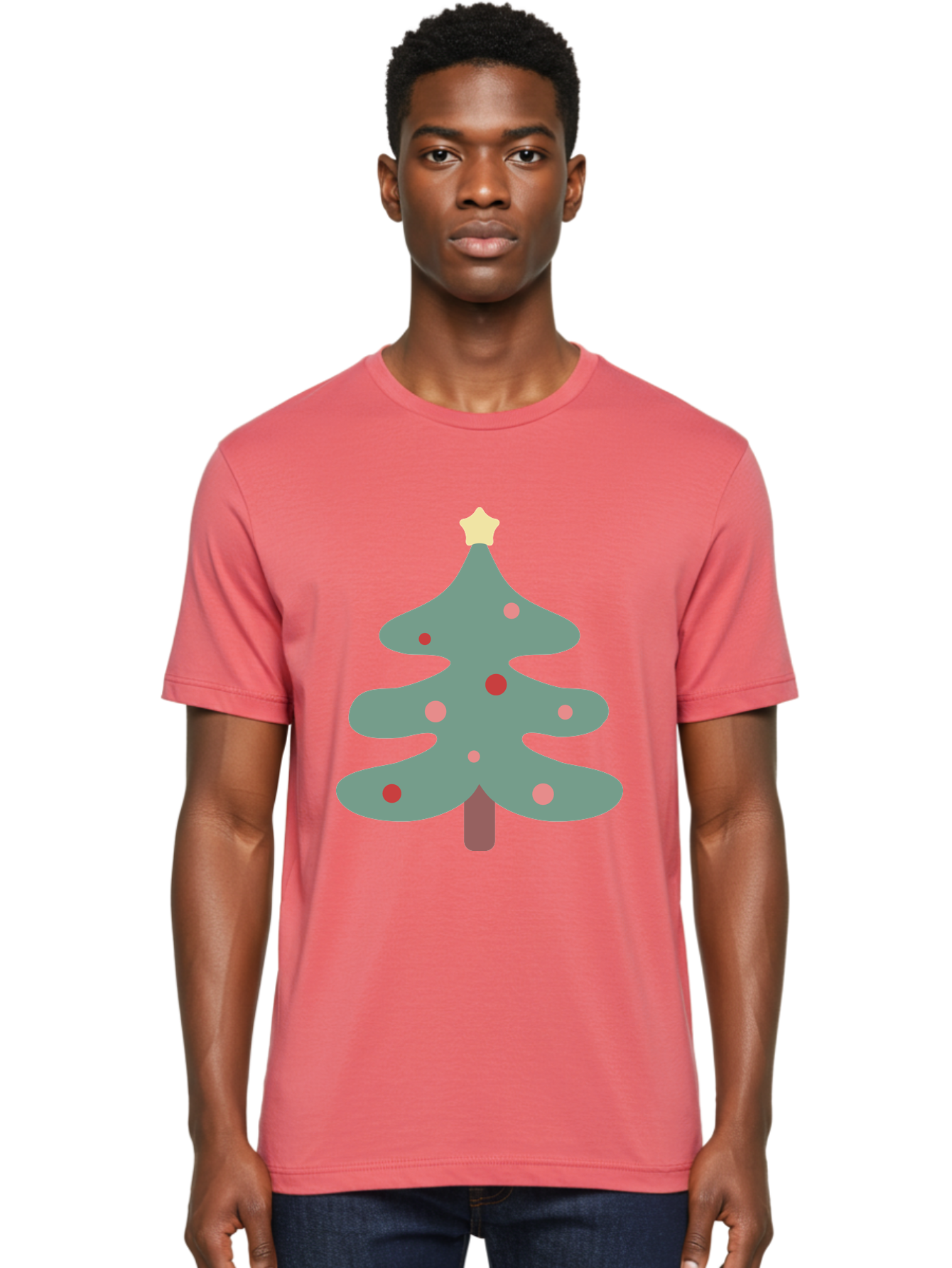 Christmas-Tree Men'S Graphic Tee, 100% Cotton, Comfortable Casual Summer Wear, Machine Washable, Christmas Tree, Festive Decorations, Red Ornaments, Pink Baubles, Star Topper, Holiday Cheer, Winter Wonderland, Cartoon Style, Simple Design, Aac594 30