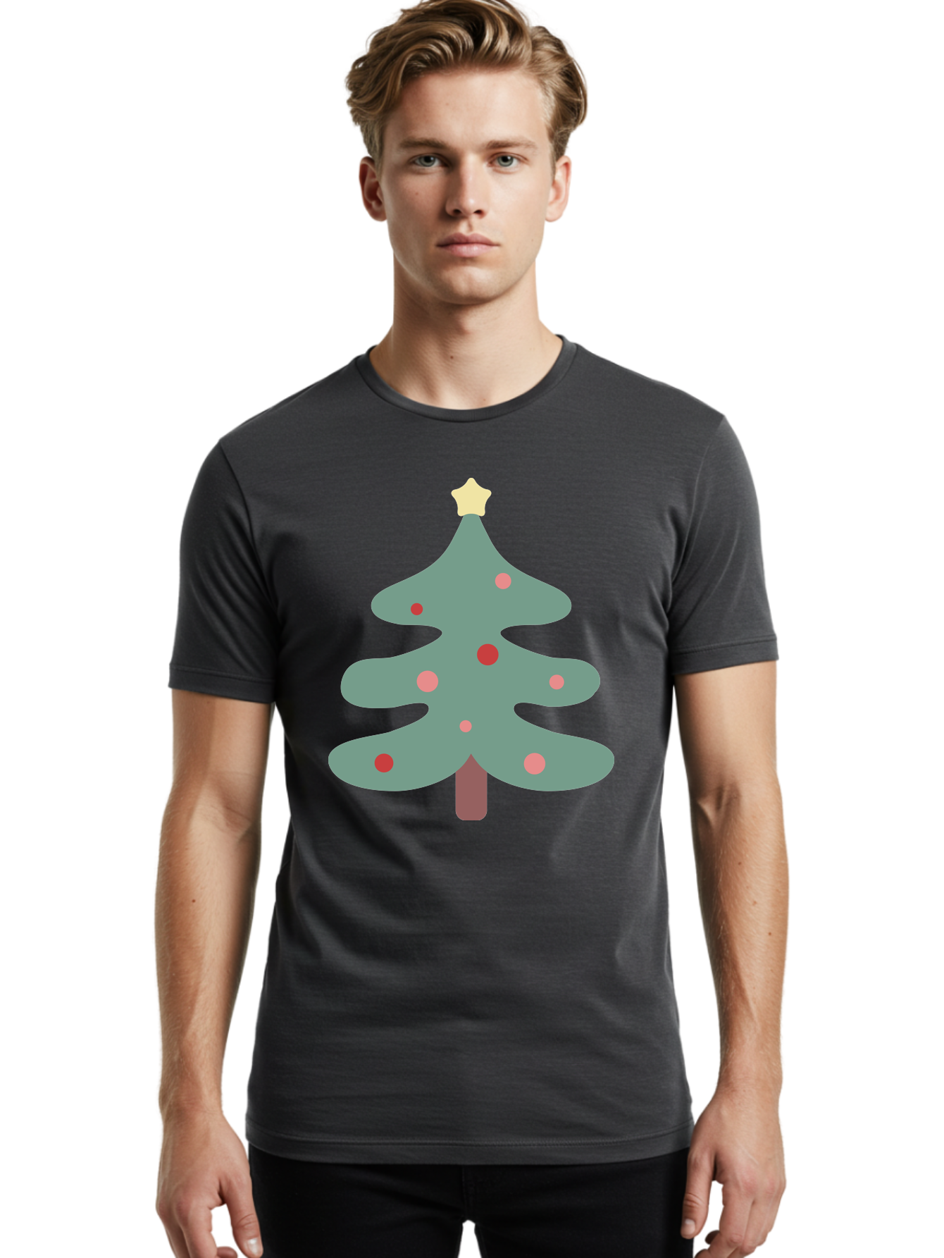 Christmas-Tree Men'S Graphic Tee, 100% Cotton, Comfortable Casual Summer Wear, Machine Washable, Christmas Tree, Festive Decorations, Red Ornaments, Pink Baubles, Star Topper, Holiday Cheer, Winter Wonderland, Cartoon Style, Simple Design, Aac594 26