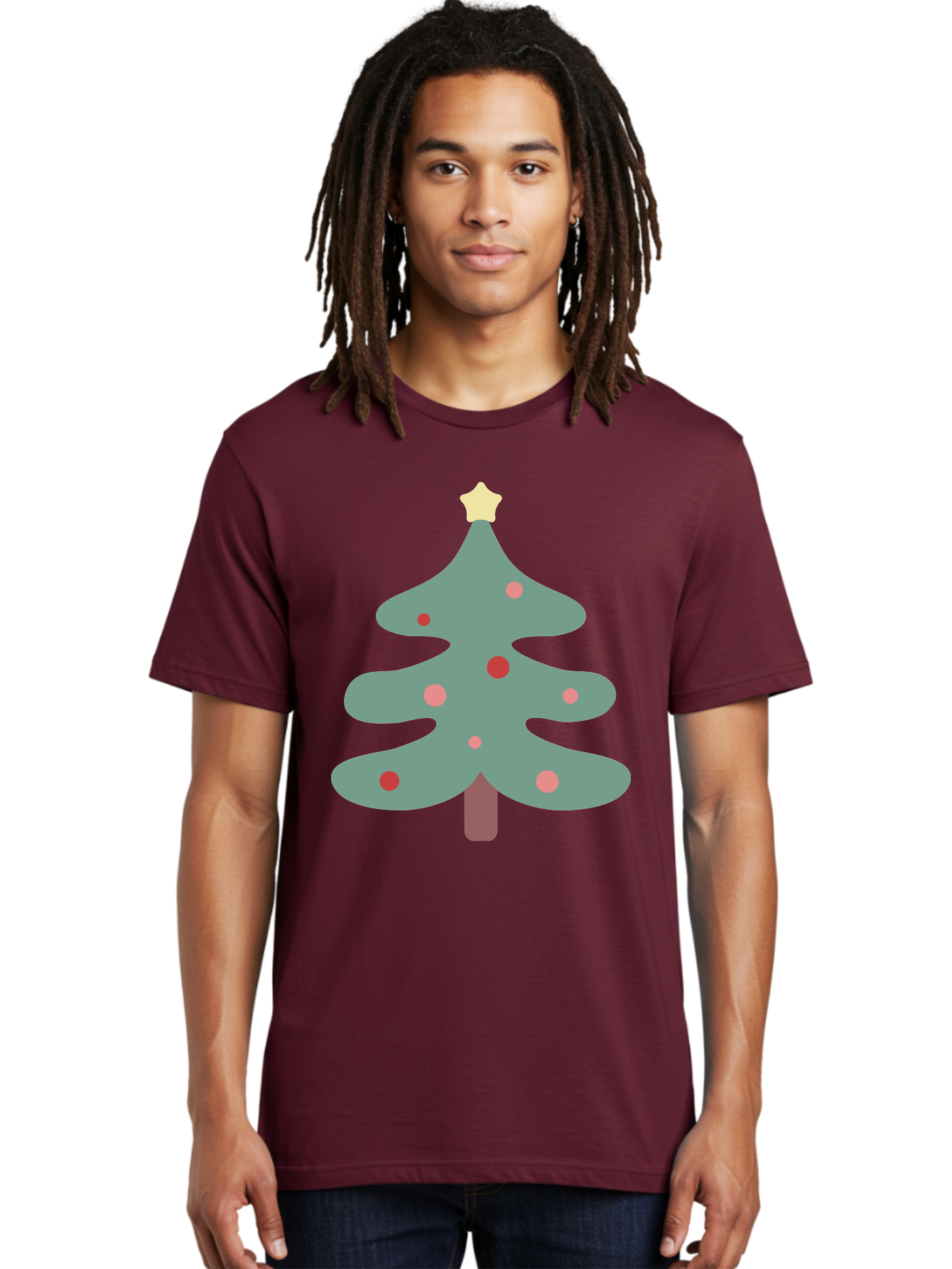 Christmas-Tree Men'S Graphic Tee, 100% Cotton, Comfortable Casual Summer Wear, Machine Washable, Christmas Tree, Festive Decorations, Red Ornaments, Pink Baubles, Star Topper, Holiday Cheer, Winter Wonderland, Cartoon Style, Simple Design, Aac594 4