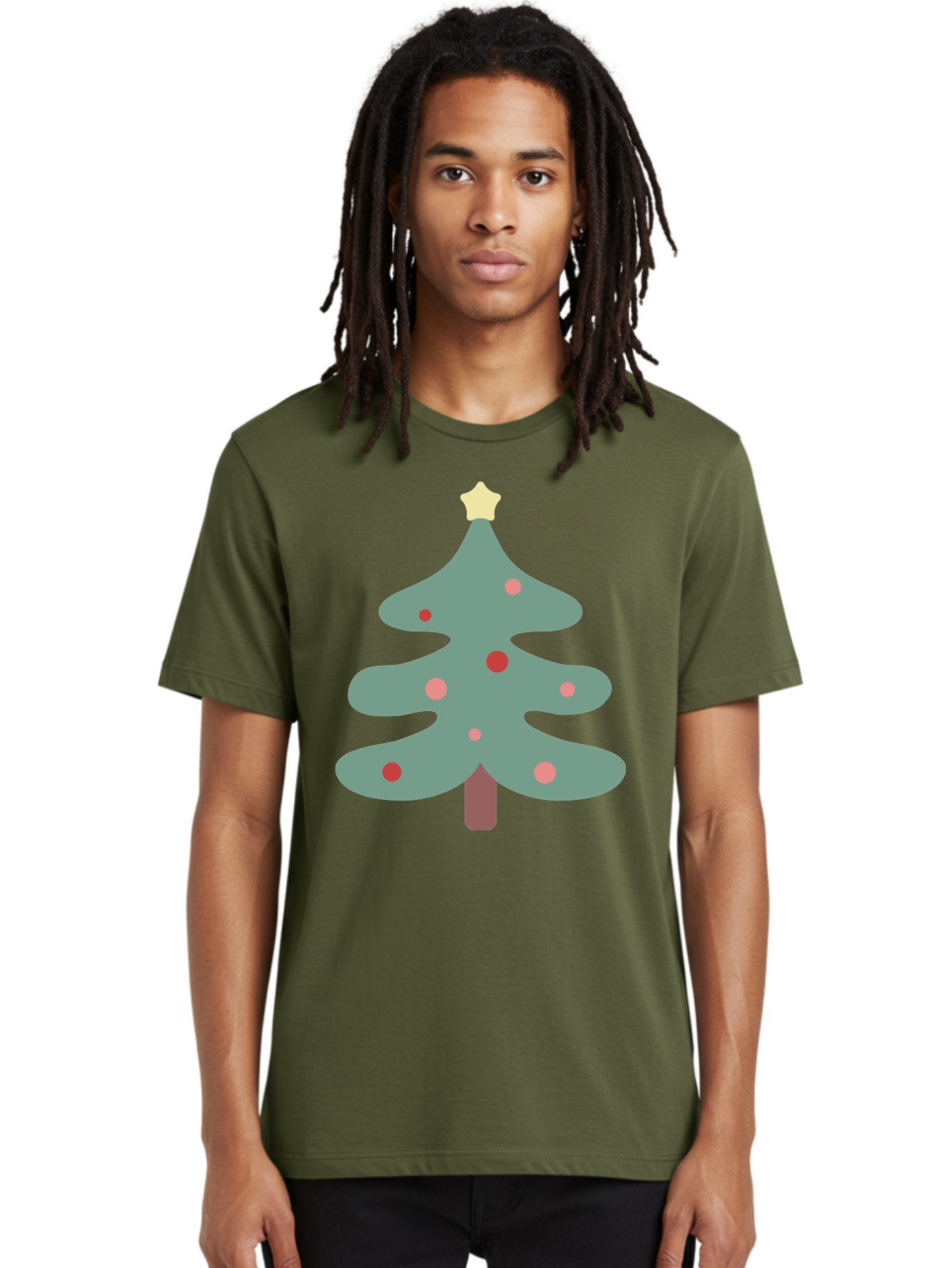 Christmas-Tree Men'S Graphic Tee, 100% Cotton, Comfortable Casual Summer Wear, Machine Washable, Christmas Tree, Festive Decorations, Red Ornaments, Pink Baubles, Star Topper, Holiday Cheer, Winter Wonderland, Cartoon Style, Simple Design, Aac594 20