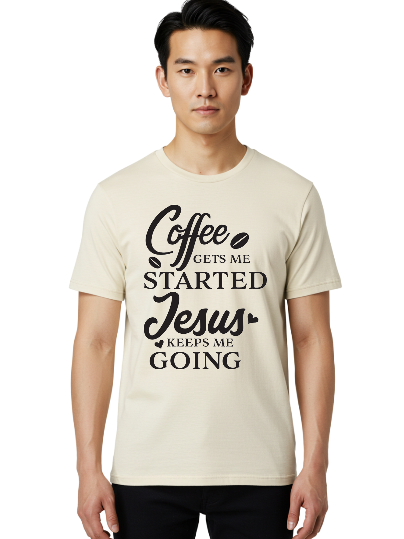 Coffee-Gets-Me-Started-Jesus-Keeps-Me-Going Men'S Graphic Tee, 100% Cotton, Comfortable Casual Summer Wear, Machine Washable, Coffee Quote, Inspirational Quote, Faith And Coffee, Motivational Saying, Christian Quote, Coffee Lover, Jesus Quote, Aac600 20