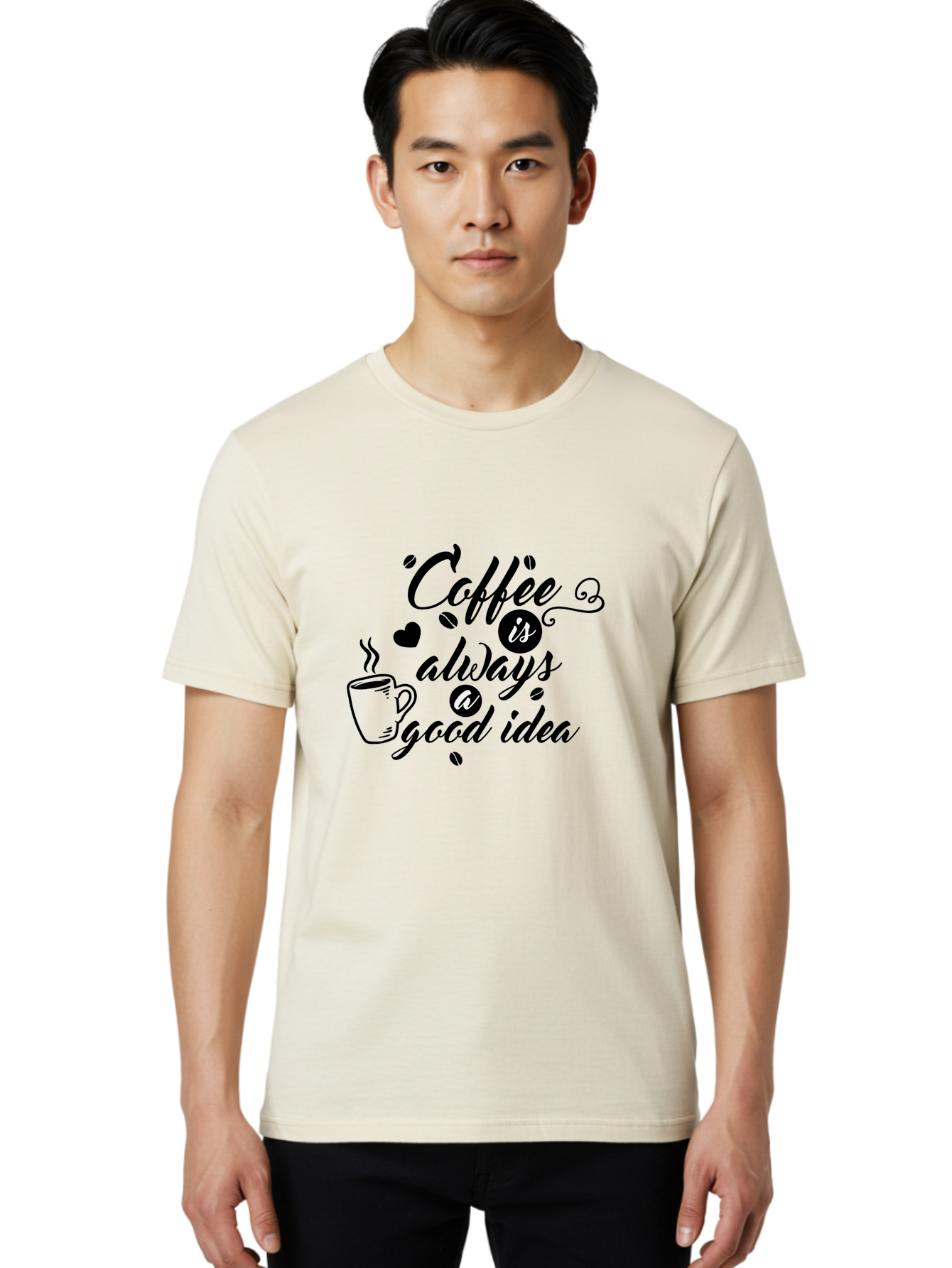 Coffee-Is-Always-Good-Idea Men'S Graphic Tee, 100% Cotton, Comfortable Casual Summer Wear, Machine Washable, Coffee Quote, Coffee Art, Coffee Lover, Steaming Cup, Heart Shape, Coffee Beans, Morning Motivation, Coffee Culture, Aac601 14
