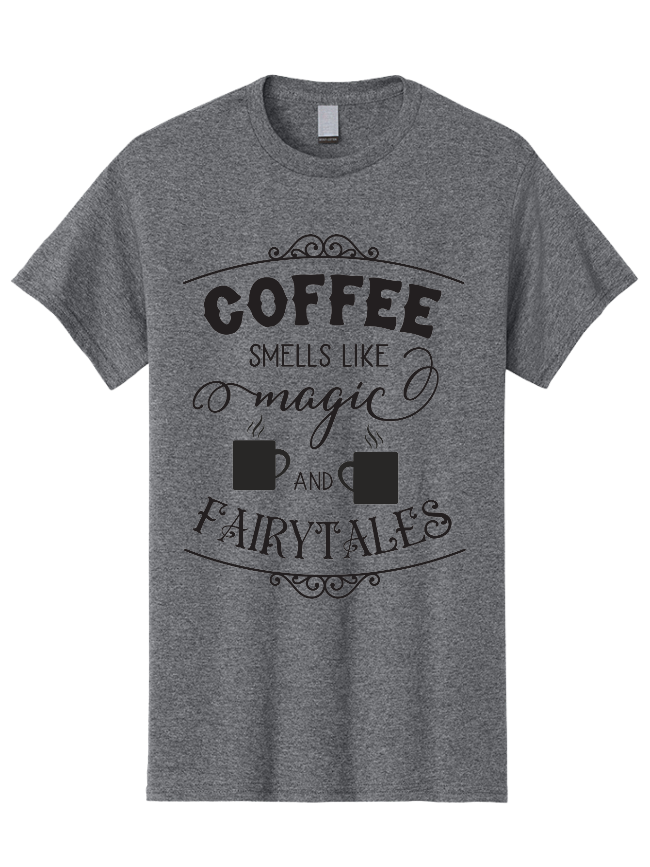 Coffee-Smells-Like-Magic-And-Fairytales Men'S Graphic Tee, 100% Cotton, Comfortable Casual Summer Wear, Machine Washable, Coffee Quote, Coffee Saying, Magic And Fairytale, Coffee Lovers, Whimsical Design, Steaming Coffee Cups, Aac605 9