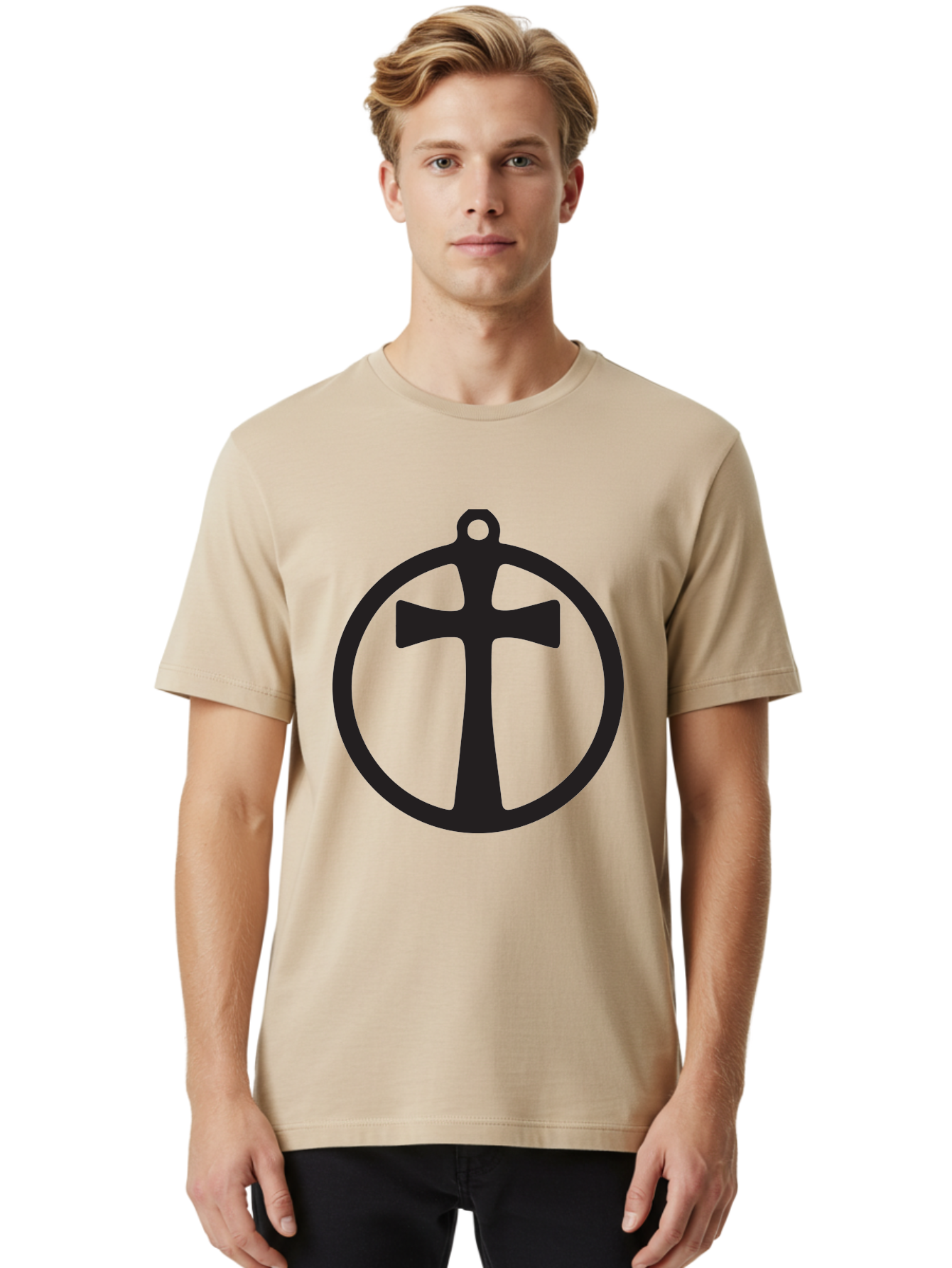 Cross-In-Circle Men'S Graphic Tee, 100% Cotton, Comfortable Casual Summer Wear, Machine Washable, Cross In Circle, Pendant Design, Christian Symbol, Faith Jewelry, Minimalist Pendant, Simple Cross Design, Religious Icon Aac615 28