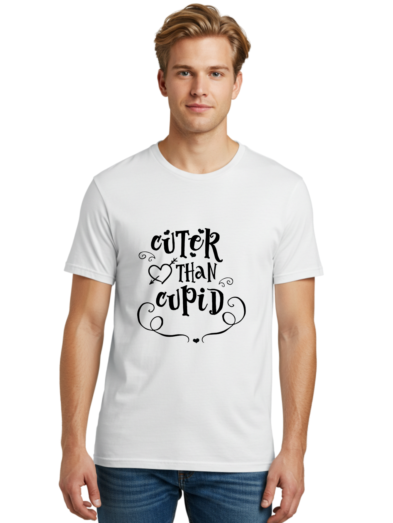Cuter-Than-Cupid Men'S Graphic Tee, 100% Cotton, Comfortable Casual Summer Wear, Machine Washable, Cute Quotes, Valentine'S Day, Love Messages, Heart Designs, Cupid Theme, Typography Art, Romantic Phrases, Adorable Sayings, Whimsical Fonts Aac620 24