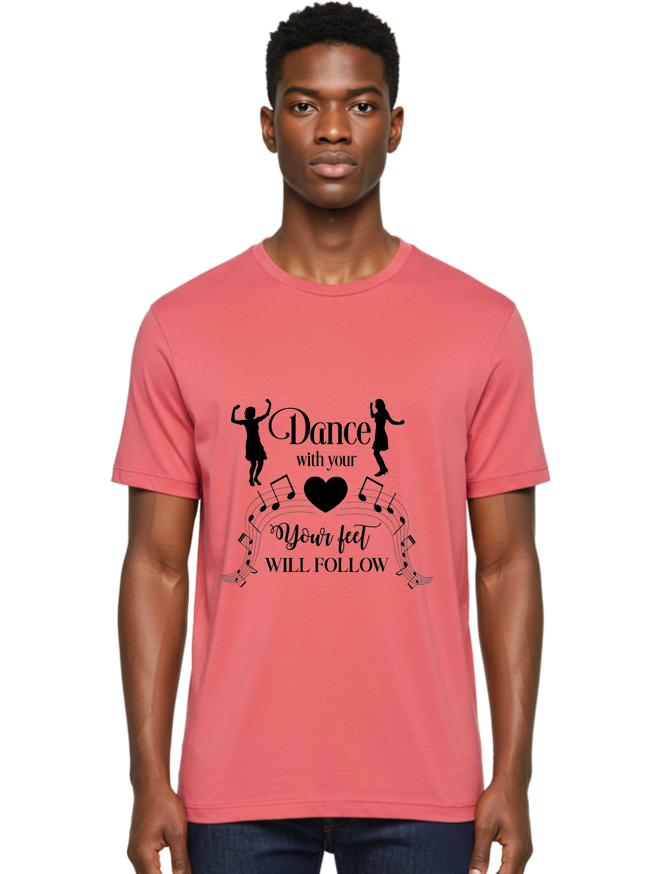 Dance-With-Your Men'S Graphic Tee, 100% Cotton, Comfortable Casual Summer Wear, Machine Washable, Dance Silhouettes, Dancing With Heart, Motivational Quote, Dance With Your Heart, Your Feet Will Follow, Musical Notes, Dancing Figures, Aac625 8
