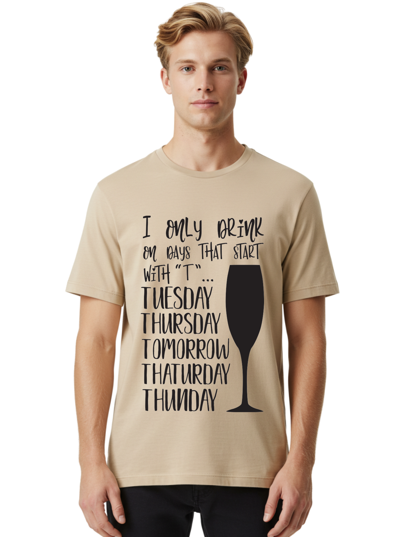 Days-That-Start-With-T Men'S Graphic Tee, 100% Cotton, Comfortable Casual Summer Wear, Machine Washable, Humorous Quote, Funny Saying, Wine Glass, Drinking Joke, Tuesday, Thursday, Tomorrow, That'Urday, Thunday, Playful Humor, Party Vibes, Aac628 12
