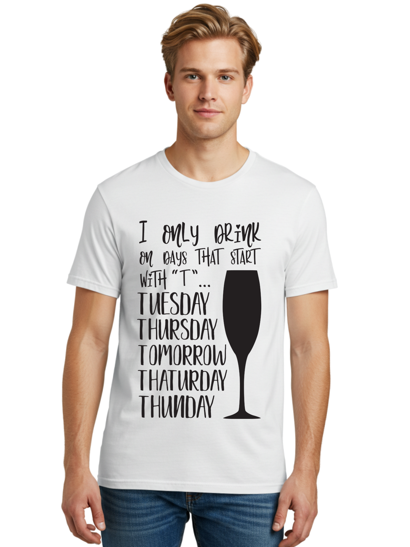 Days-That-Start-With-T Men'S Graphic Tee, 100% Cotton, Comfortable Casual Summer Wear, Machine Washable, Humorous Quote, Funny Saying, Wine Glass, Drinking Joke, Tuesday, Thursday, Tomorrow, That'Urday, Thunday, Playful Humor, Party Vibes, Aac628 30