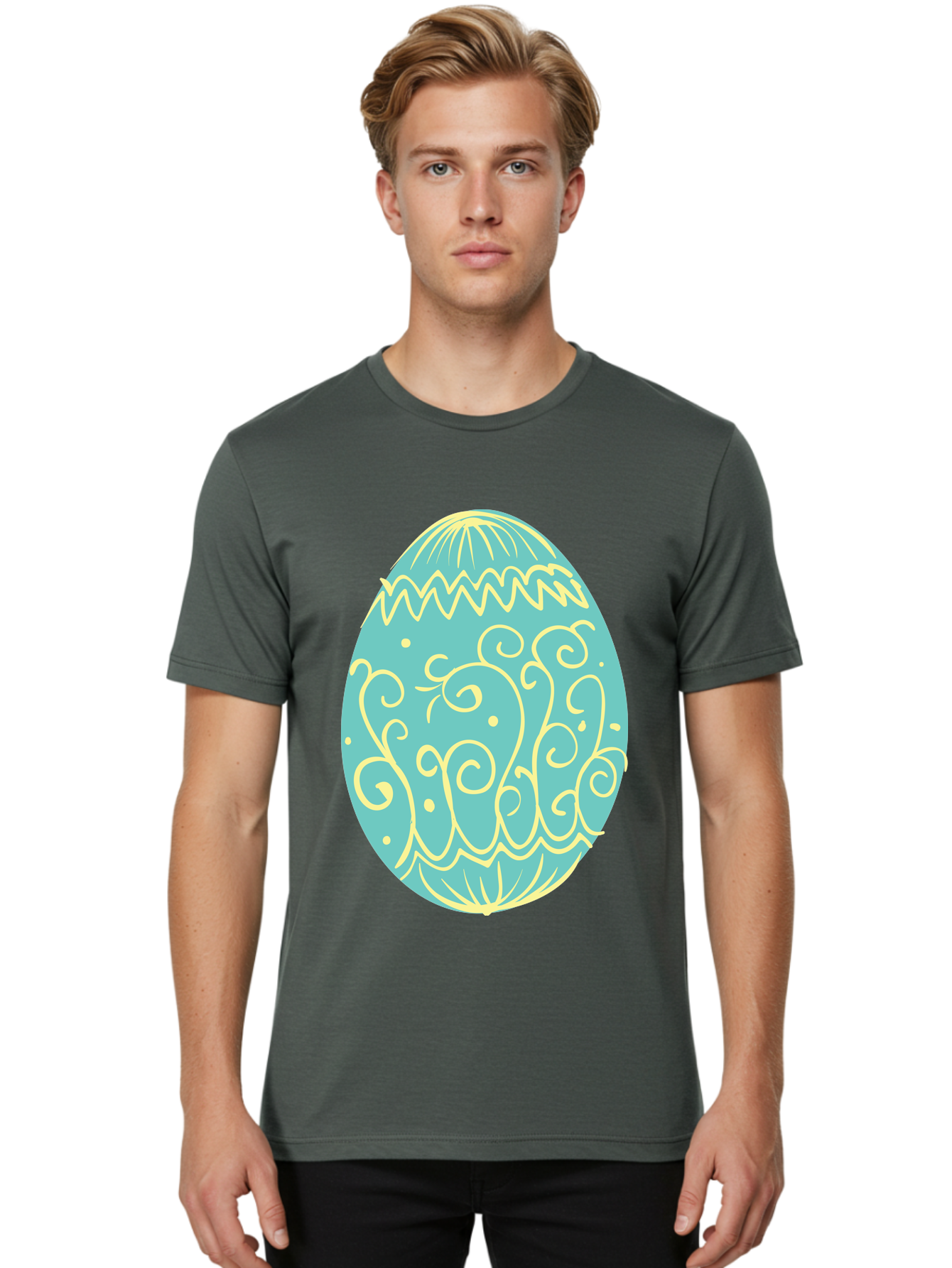 Decorated-Easter-Egg-1 Men'S Graphic Tee, 100% Cotton, Comfortable Casual Summer Wear, Machine Washable, Decorative Easter Egg, Yellow Swirls, Blue Egg, Festive Design, Spring Theme, Easter Symbol, Intricate Patterns, Abstract Art, Aac632 6