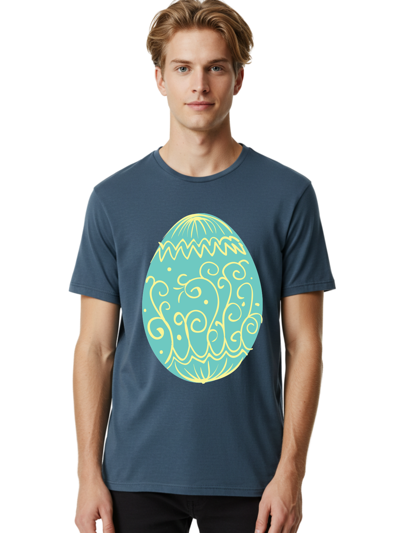 Decorated-Easter-Egg-1 Men'S Graphic Tee, 100% Cotton, Comfortable Casual Summer Wear, Machine Washable, Decorative Easter Egg, Yellow Swirls, Blue Egg, Festive Design, Spring Theme, Easter Symbol, Intricate Patterns, Abstract Art, Aac632 8