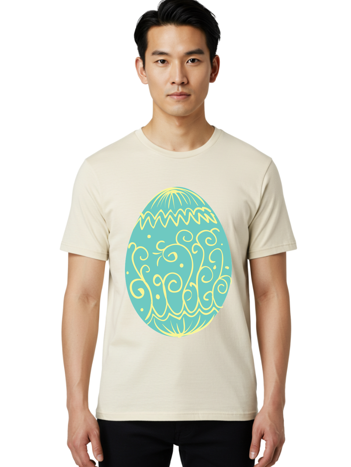 Decorated-Easter-Egg-1 Men'S Graphic Tee, 100% Cotton, Comfortable Casual Summer Wear, Machine Washable, Decorative Easter Egg, Yellow Swirls, Blue Egg, Festive Design, Spring Theme, Easter Symbol, Intricate Patterns, Abstract Art, Aac632 4