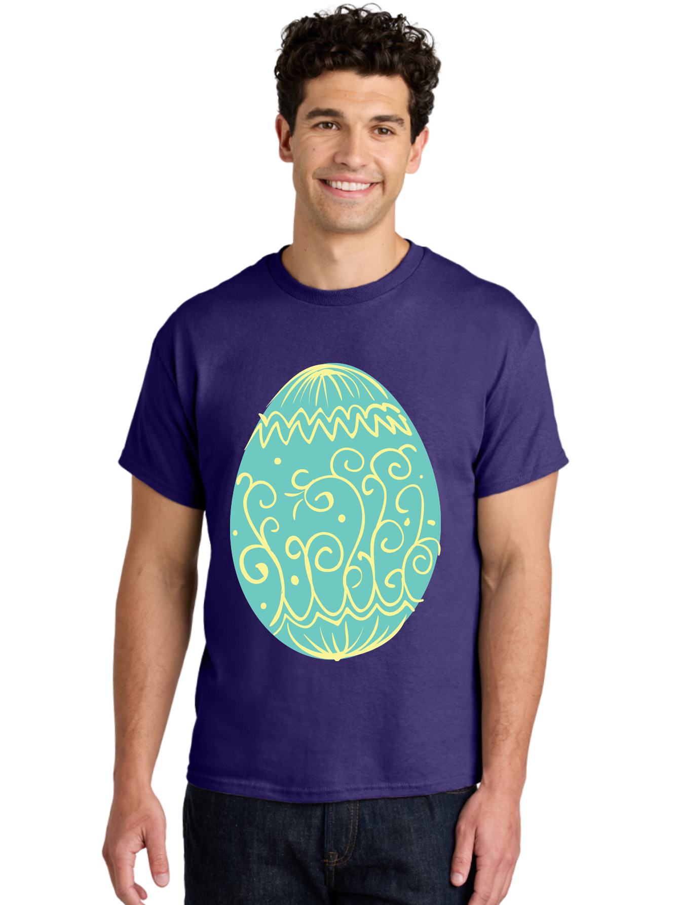 Decorated-Easter-Egg-1 Men'S Graphic Tee, 100% Cotton, Comfortable Casual Summer Wear, Machine Washable, Decorative Easter Egg, Yellow Swirls, Blue Egg, Festive Design, Spring Theme, Easter Symbol, Intricate Patterns, Abstract Art, Aac632 22