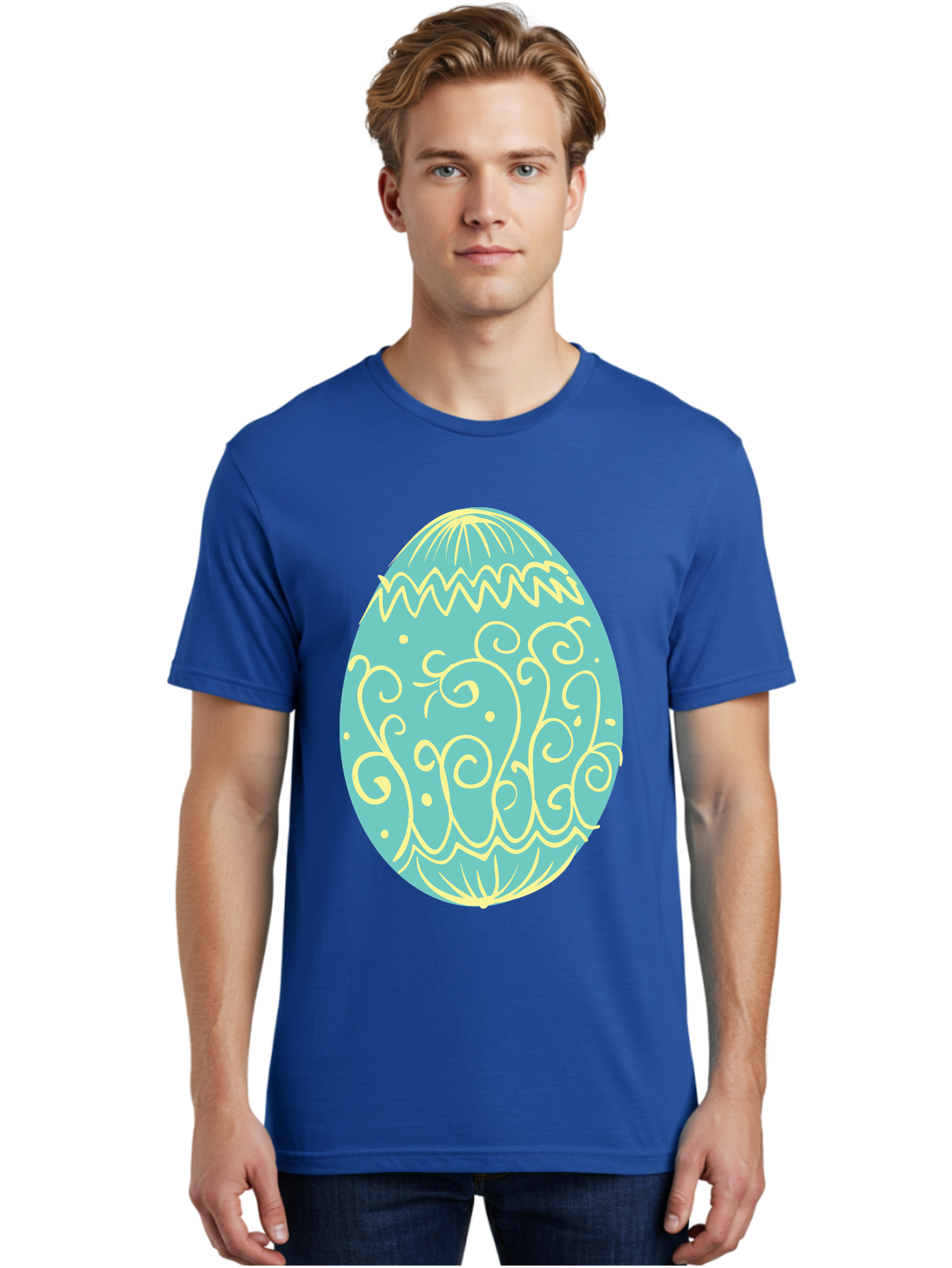 Decorated-Easter-Egg-1 Men'S Graphic Tee, 100% Cotton, Comfortable Casual Summer Wear, Machine Washable, Decorative Easter Egg, Yellow Swirls, Blue Egg, Festive Design, Spring Theme, Easter Symbol, Intricate Patterns, Abstract Art, Aac632 12