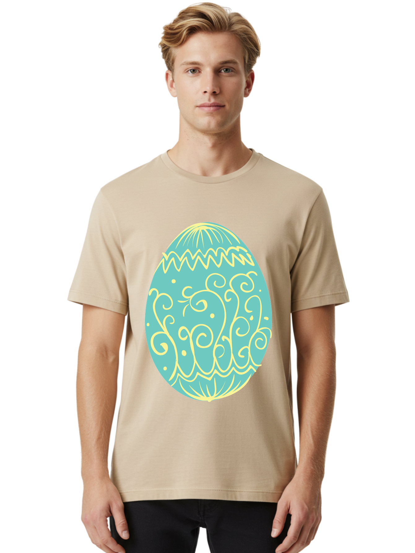 Decorated-Easter-Egg-1 Men'S Graphic Tee, 100% Cotton, Comfortable Casual Summer Wear, Machine Washable, Decorative Easter Egg, Yellow Swirls, Blue Egg, Festive Design, Spring Theme, Easter Symbol, Intricate Patterns, Abstract Art, Aac632 14