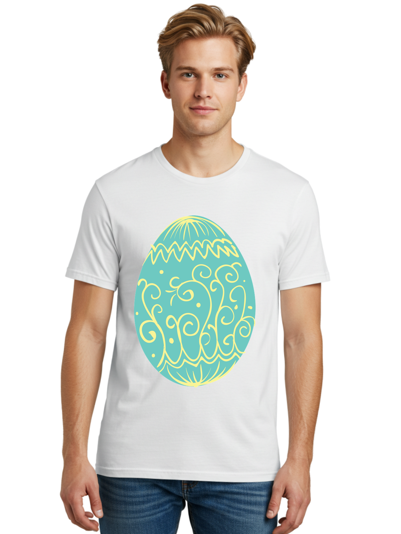 Decorated-Easter-Egg-1 Men'S Graphic Tee, 100% Cotton, Comfortable Casual Summer Wear, Machine Washable, Decorative Easter Egg, Yellow Swirls, Blue Egg, Festive Design, Spring Theme, Easter Symbol, Intricate Patterns, Abstract Art, Aac632 10