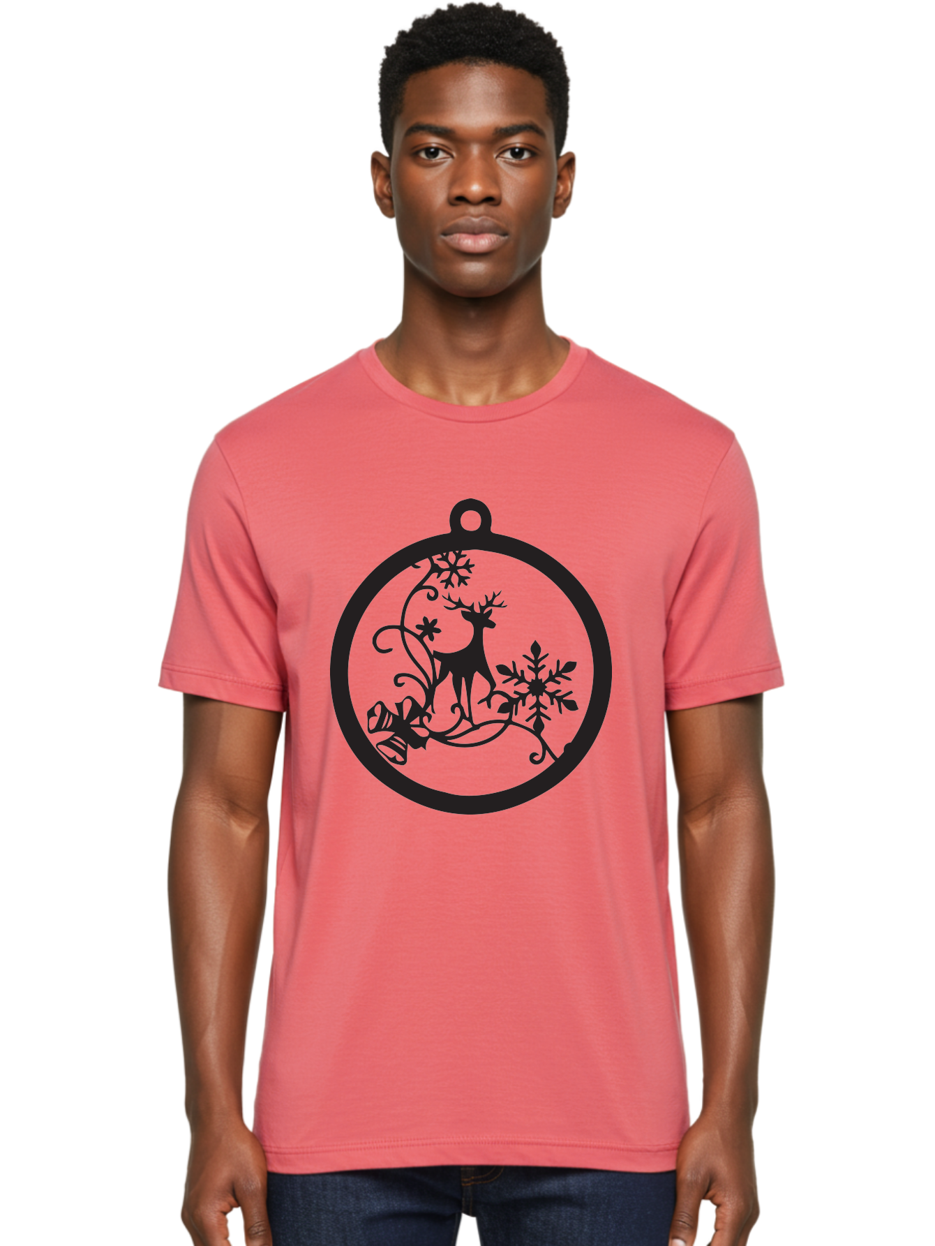 Deer-And-Snowflakes-Ornament Men'S Graphic Tee, 100% Cotton, Comfortable Casual Summer Wear, Machine Washable, Reindeer Silhouette, Christmas Decoration, Festive Design, Winter Wonderland, Holiday Decor, Snowflakes, Leaves, Aac637 30