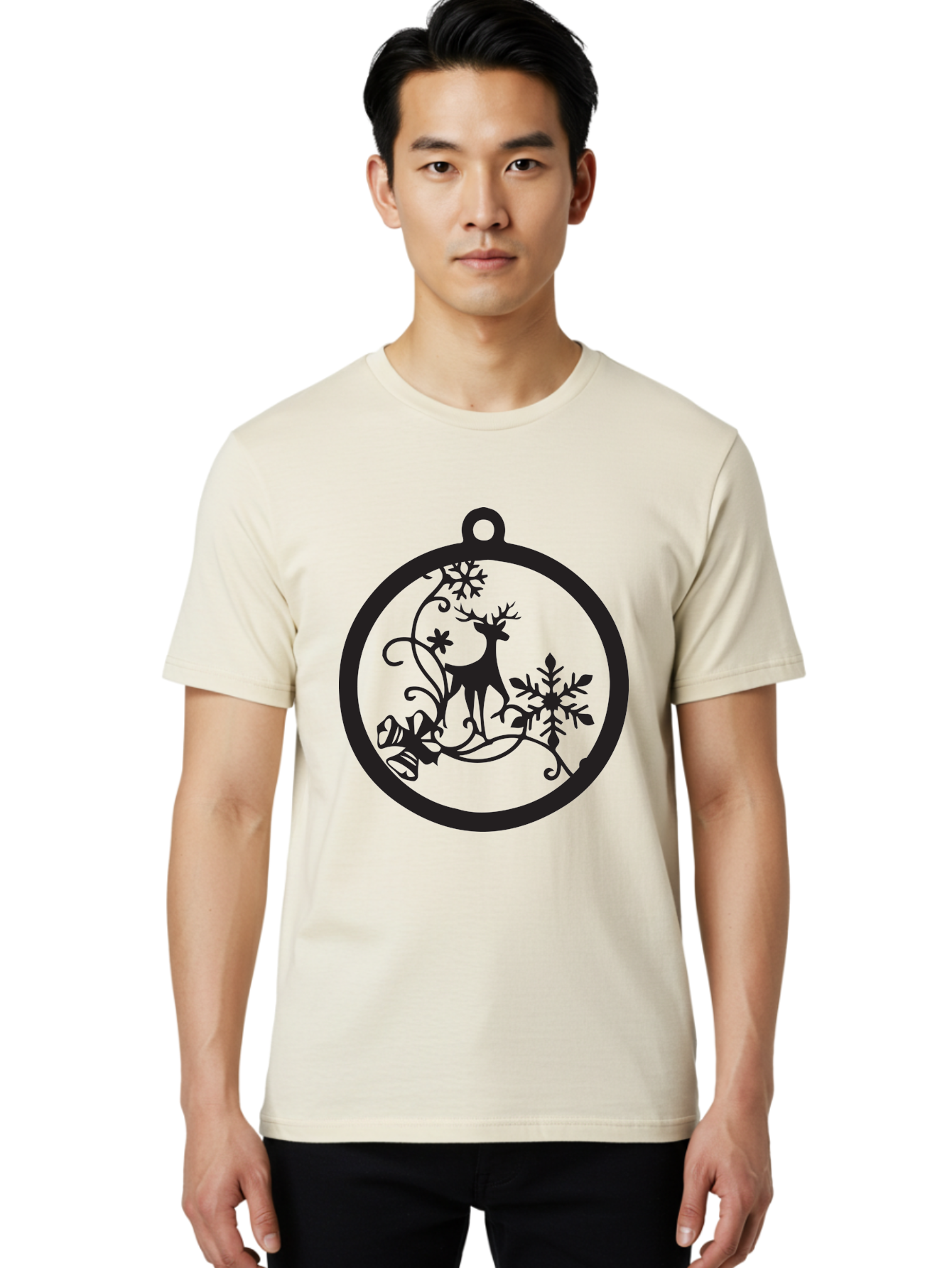 Deer-And-Snowflakes-Ornament Men'S Graphic Tee, 100% Cotton, Comfortable Casual Summer Wear, Machine Washable, Reindeer Silhouette, Christmas Decoration, Festive Design, Winter Wonderland, Holiday Decor, Snowflakes, Leaves, Aac637 14