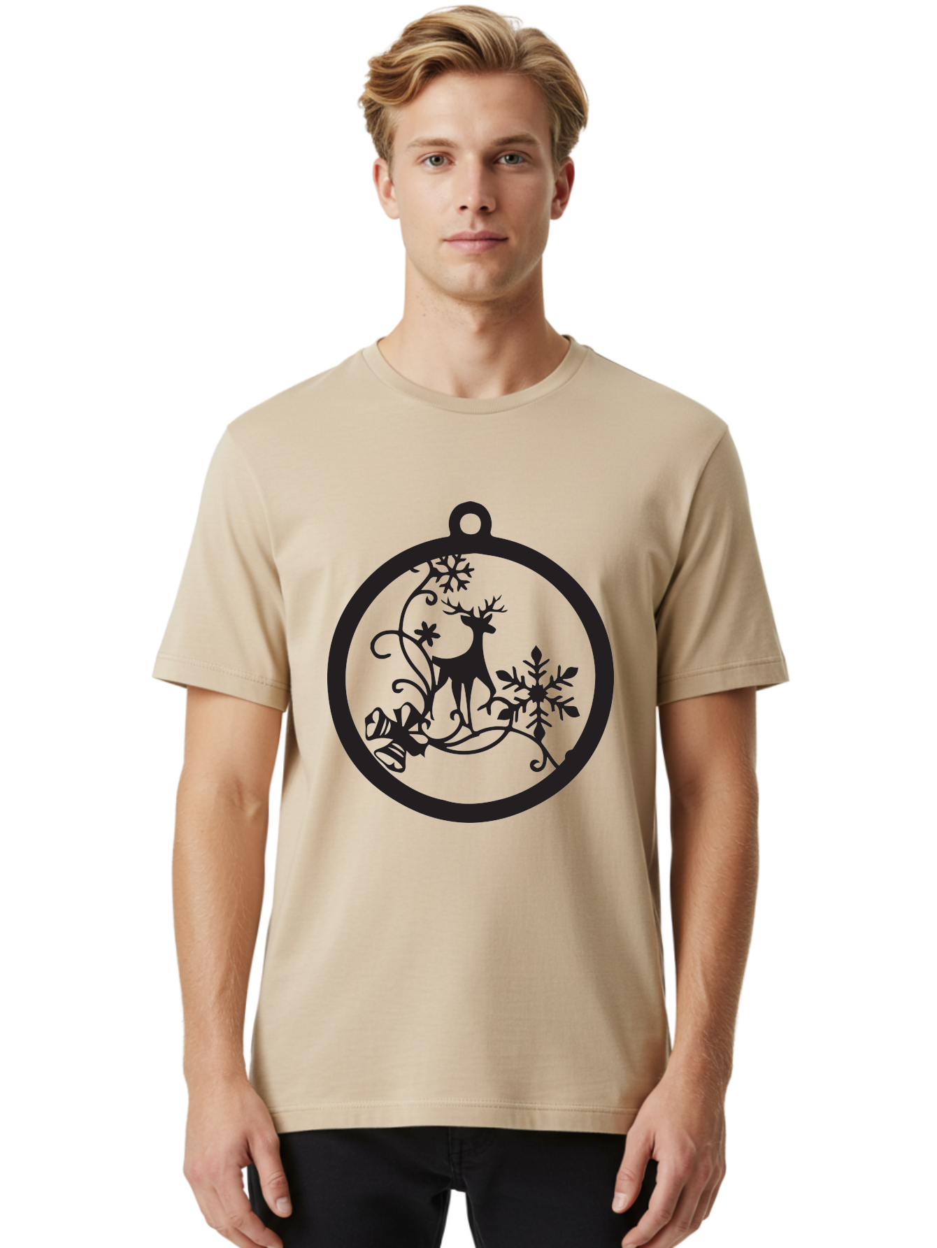 Deer-And-Snowflakes-Ornament Men'S Graphic Tee, 100% Cotton, Comfortable Casual Summer Wear, Machine Washable, Reindeer Silhouette, Christmas Decoration, Festive Design, Winter Wonderland, Holiday Decor, Snowflakes, Leaves, Aac637 10