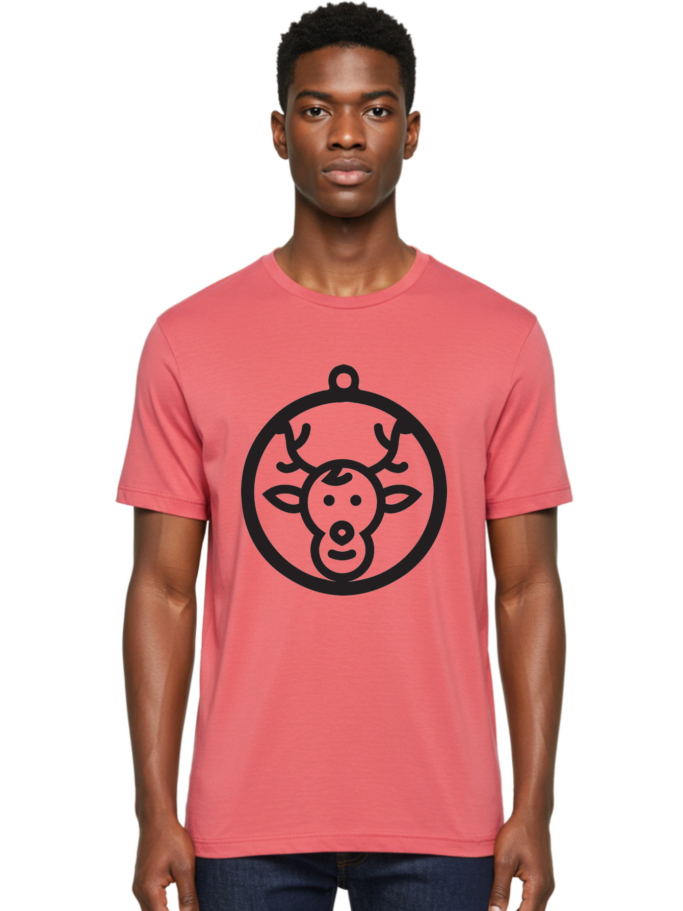 Deer-Head-Ornament Men'S Graphic Tee, 100% Cotton, Comfortable Casual Summer Wear, Machine Washable, Reindeer Face, Minimalist Design, Festive Decoration, Christmas Symbol, Holiday Theme, Cartoon Deer, Simple Illustration, Ornament Shape Aac640 16
