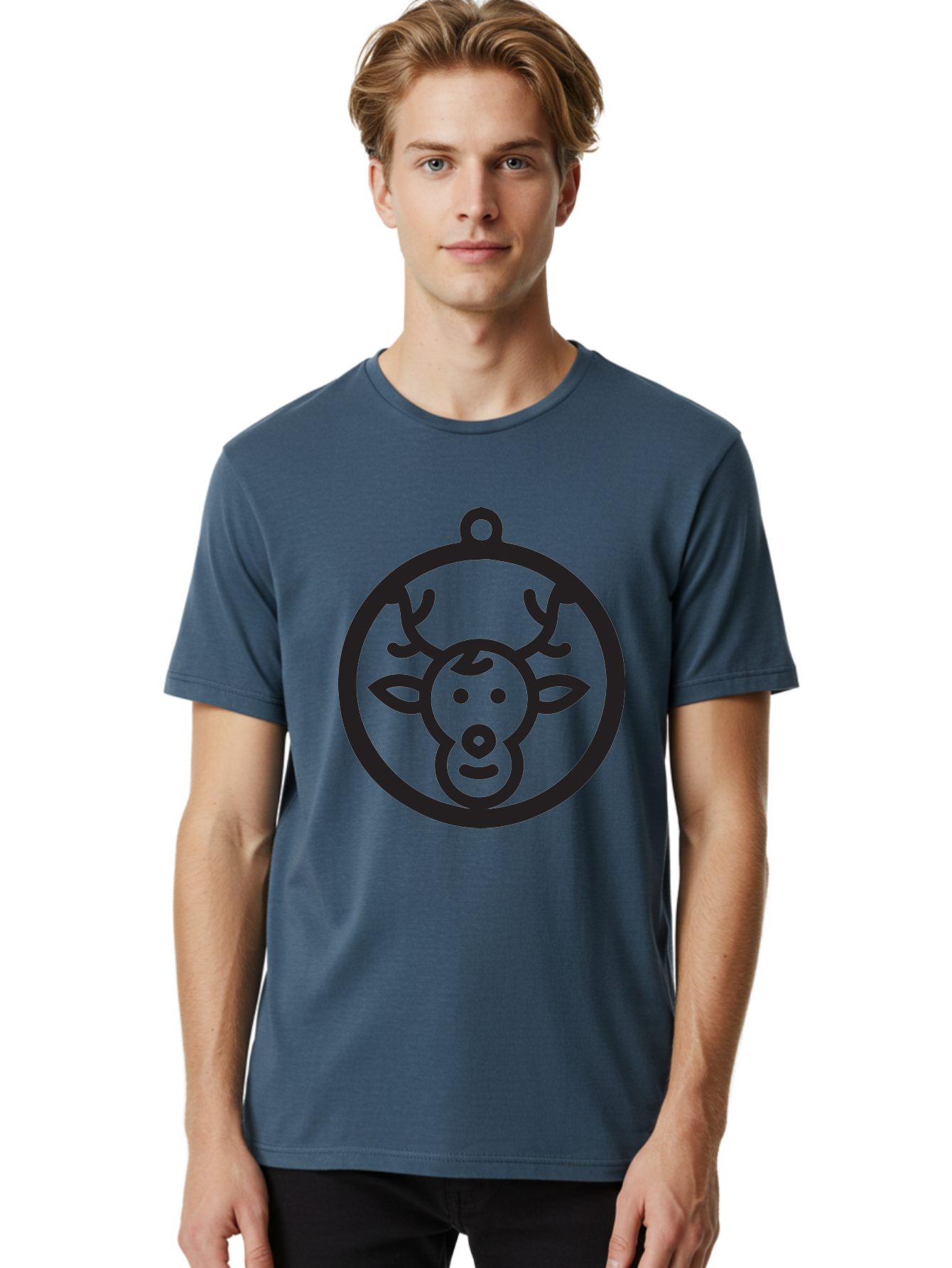 Deer-Head-Ornament Men'S Graphic Tee, 100% Cotton, Comfortable Casual Summer Wear, Machine Washable, Reindeer Face, Minimalist Design, Festive Decoration, Christmas Symbol, Holiday Theme, Cartoon Deer, Simple Illustration, Ornament Shape Aac640 12