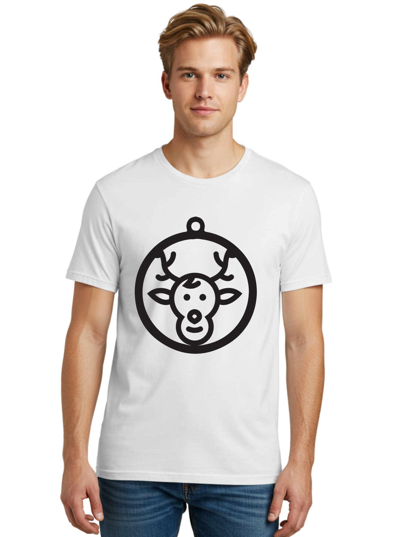 Deer-Head-Ornament Men'S Graphic Tee, 100% Cotton, Comfortable Casual Summer Wear, Machine Washable, Reindeer Face, Minimalist Design, Festive Decoration, Christmas Symbol, Holiday Theme, Cartoon Deer, Simple Illustration, Ornament Shape Aac640 24