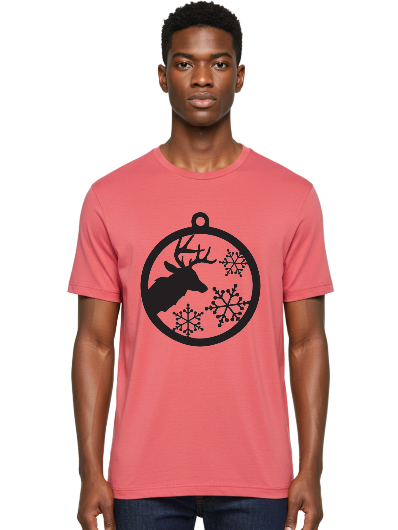 Deer-Snowflakes-Ornament Men'S Graphic Tee, 100% Cotton, Comfortable Casual Summer Wear, Machine Washable, Deer Silhouette, Snowflakes, Christmas Ornament, Winter Decoration, Festive Design, Holiday Decor, Wildlife Theme, Aac646 8