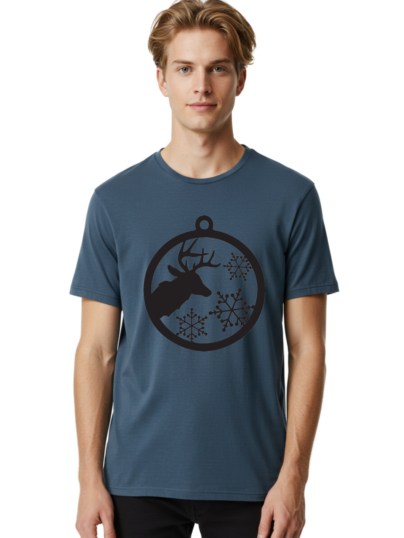 Deer-Snowflakes-Ornament Men'S Graphic Tee, 100% Cotton, Comfortable Casual Summer Wear, Machine Washable, Deer Silhouette, Snowflakes, Christmas Ornament, Winter Decoration, Festive Design, Holiday Decor, Wildlife Theme, Aac646 24