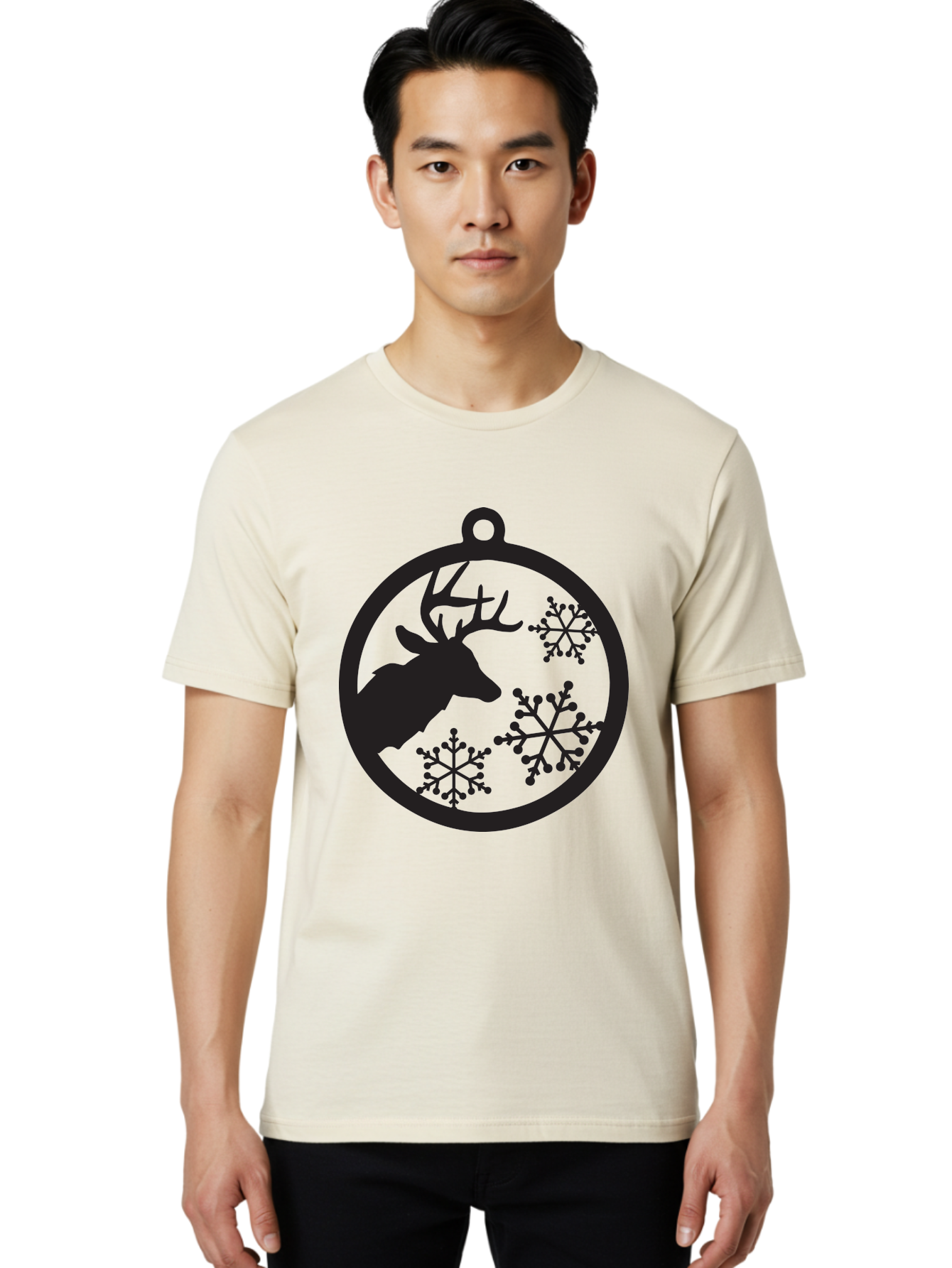 Deer-Snowflakes-Ornament Men'S Graphic Tee, 100% Cotton, Comfortable Casual Summer Wear, Machine Washable, Deer Silhouette, Snowflakes, Christmas Ornament, Winter Decoration, Festive Design, Holiday Decor, Wildlife Theme, Aac646 2