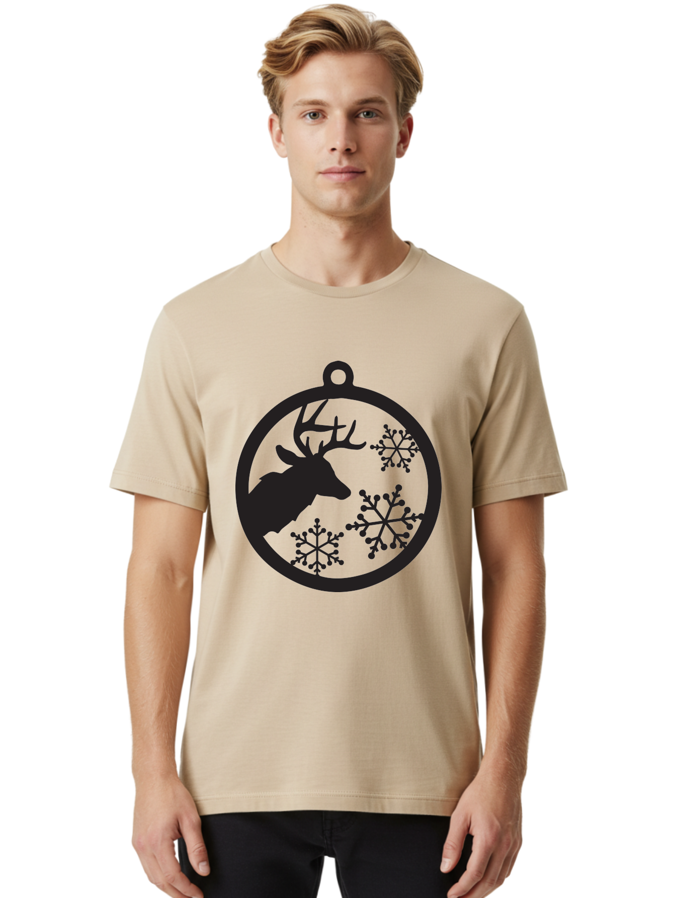 Deer-Snowflakes-Ornament Men'S Graphic Tee, 100% Cotton, Comfortable Casual Summer Wear, Machine Washable, Deer Silhouette, Snowflakes, Christmas Ornament, Winter Decoration, Festive Design, Holiday Decor, Wildlife Theme, Aac646 18