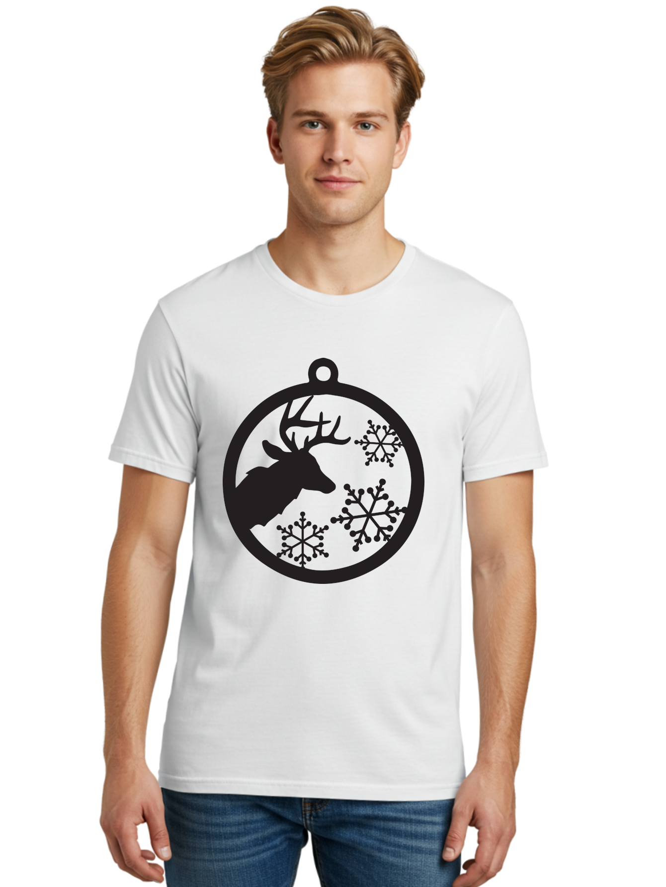 Deer-Snowflakes-Ornament Men'S Graphic Tee, 100% Cotton, Comfortable Casual Summer Wear, Machine Washable, Deer Silhouette, Snowflakes, Christmas Ornament, Winter Decoration, Festive Design, Holiday Decor, Wildlife Theme, Aac646 22