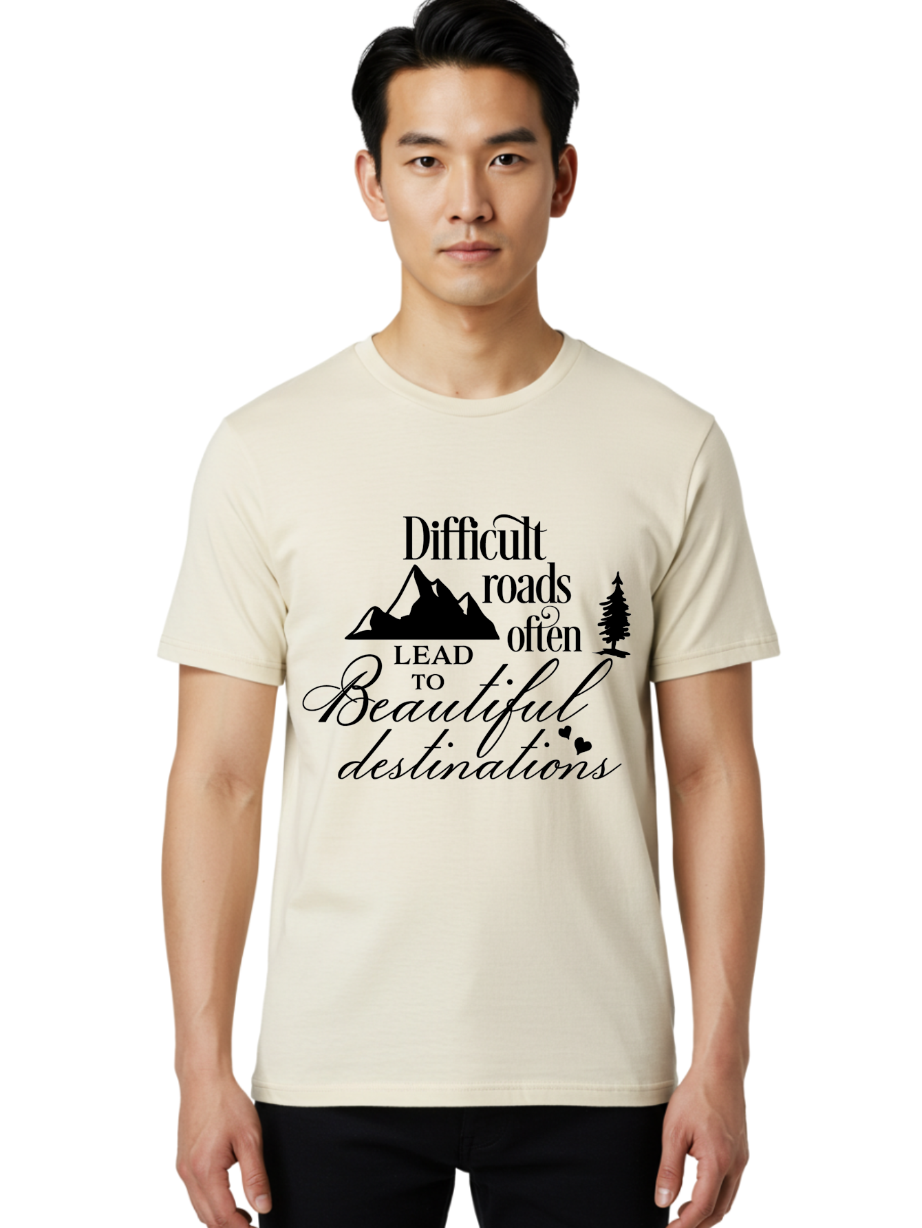 Difficult-Roads-Lead-To-Beautiful-Destinations Men'S Graphic Tee, 100% Cotton, Comfortable Casual Summer Wear, Machine Washable, Inspirational Quote, Motivational Phrase, Travel Inspiration, Mountain Landscape, Wanderlust, Adventure, Aac648 26
