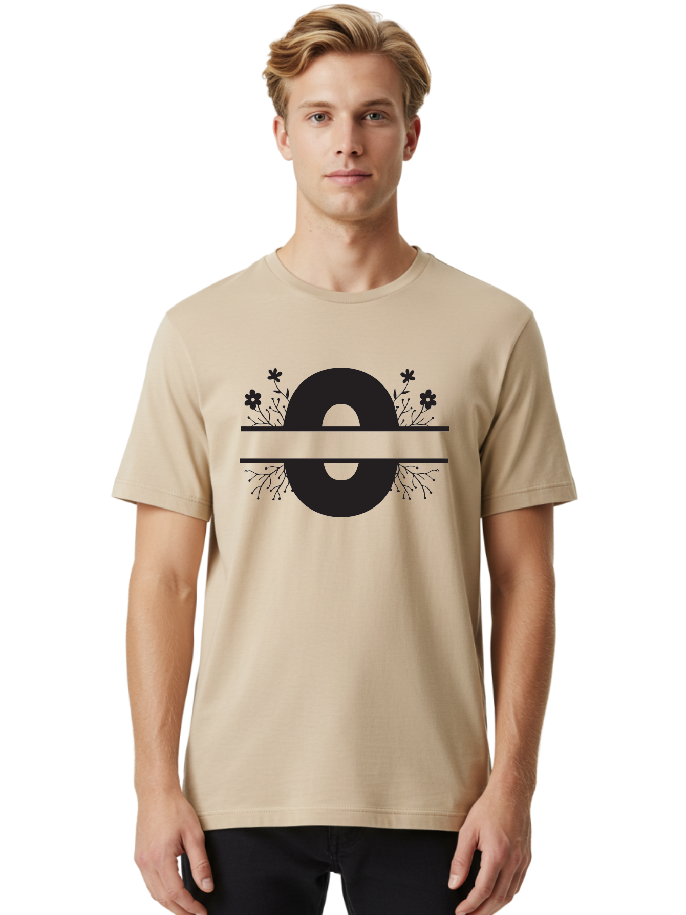 E-2 Men'S Graphic Tee, 100% Cotton, Comfortable Casual Summer Wear, Machine Washable, Black Letter E, Floral Design, Abstract Art, Minimalist Style, Bold Typography, Artistic Expression, Elegance, Simplicity, Modern Aesthetic, Unique Design, Aac665 2
