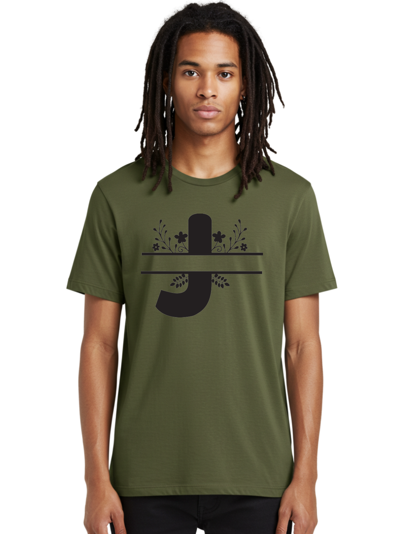 E-Symbol Men'S Graphic Tee, 100% Cotton, Comfortable Casual Summer Wear, Machine Washable, Floral Alphabet, Decorative Letter, Black And Green, Bold Font, Flowers And Leaves, Elegant Design, Stylized Lettering, Unique Typography Aac666 22