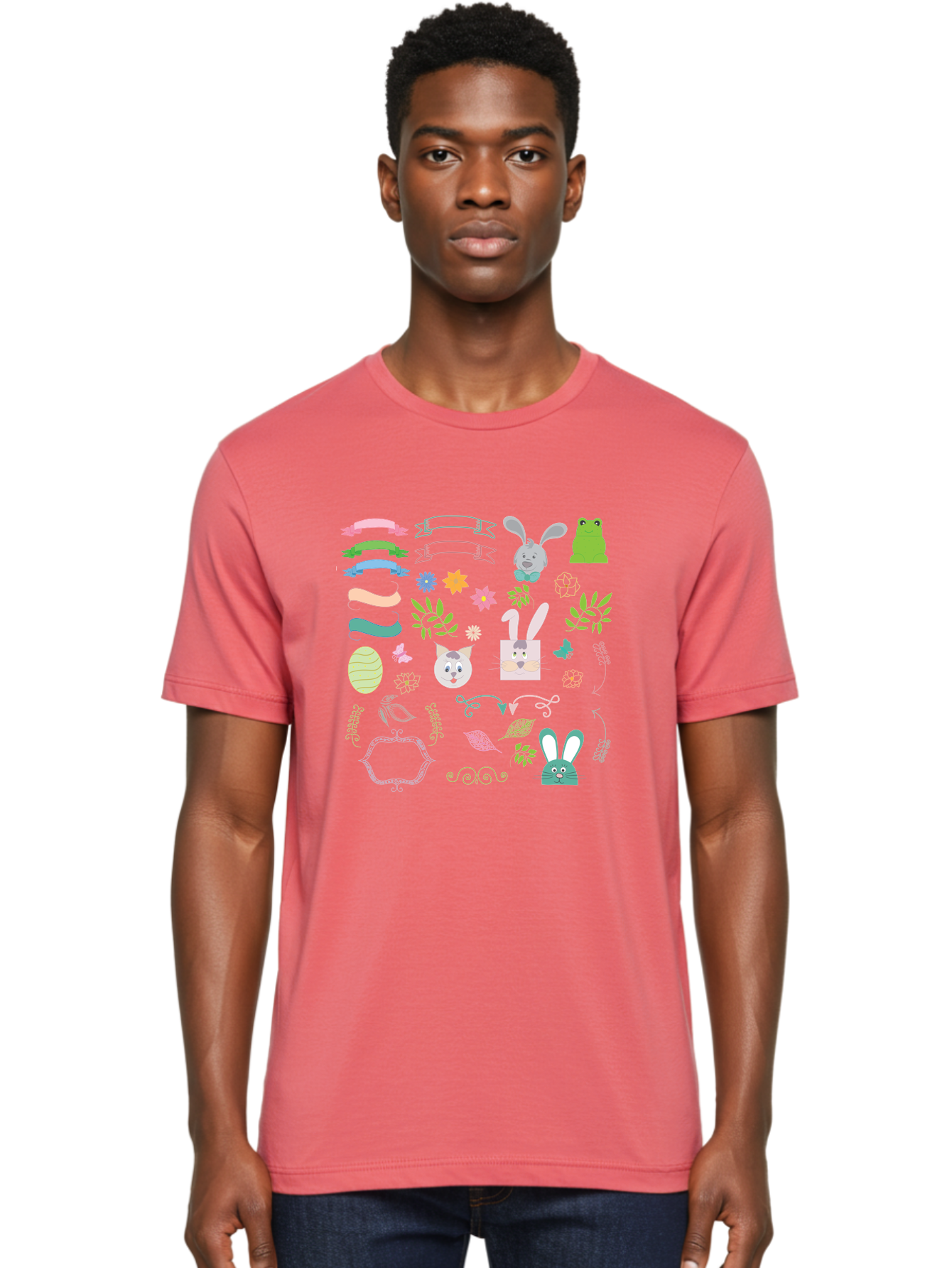 Easter-Clipart Men'S Graphic Tee, 100% Cotton, Comfortable Casual Summer Wear, Machine Washable, Bunny, Easter Eggs, Cat Face, Frog, Flowers, Butterflies, Leaves, Gift Box, Spring Decorations, Pastel Colors, Easter Basket Aac670 12