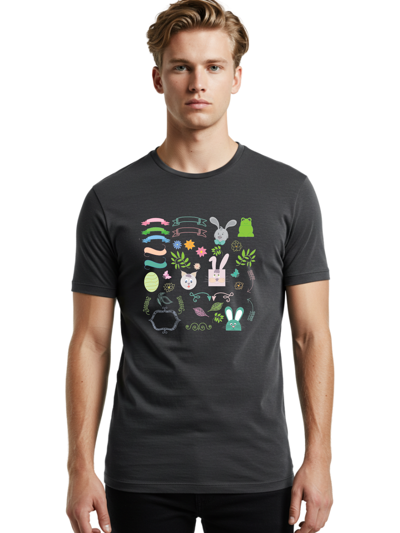 Easter-Clipart Men'S Graphic Tee, 100% Cotton, Comfortable Casual Summer Wear, Machine Washable, Bunny, Easter Eggs, Cat Face, Frog, Flowers, Butterflies, Leaves, Gift Box, Spring Decorations, Pastel Colors, Easter Basket Aac670 2