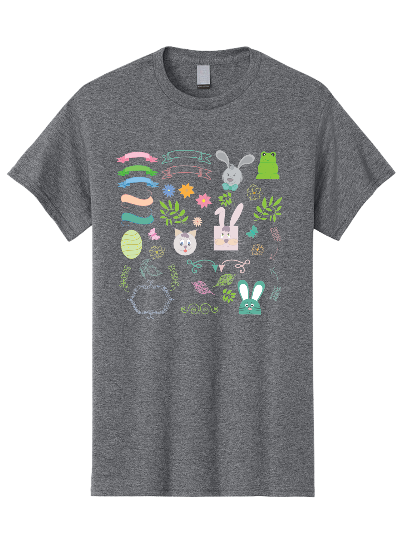 Easter-Clipart Men'S Graphic Tee, 100% Cotton, Comfortable Casual Summer Wear, Machine Washable, Bunny, Easter Eggs, Cat Face, Frog, Flowers, Butterflies, Leaves, Gift Box, Spring Decorations, Pastel Colors, Easter Basket Aac670 19