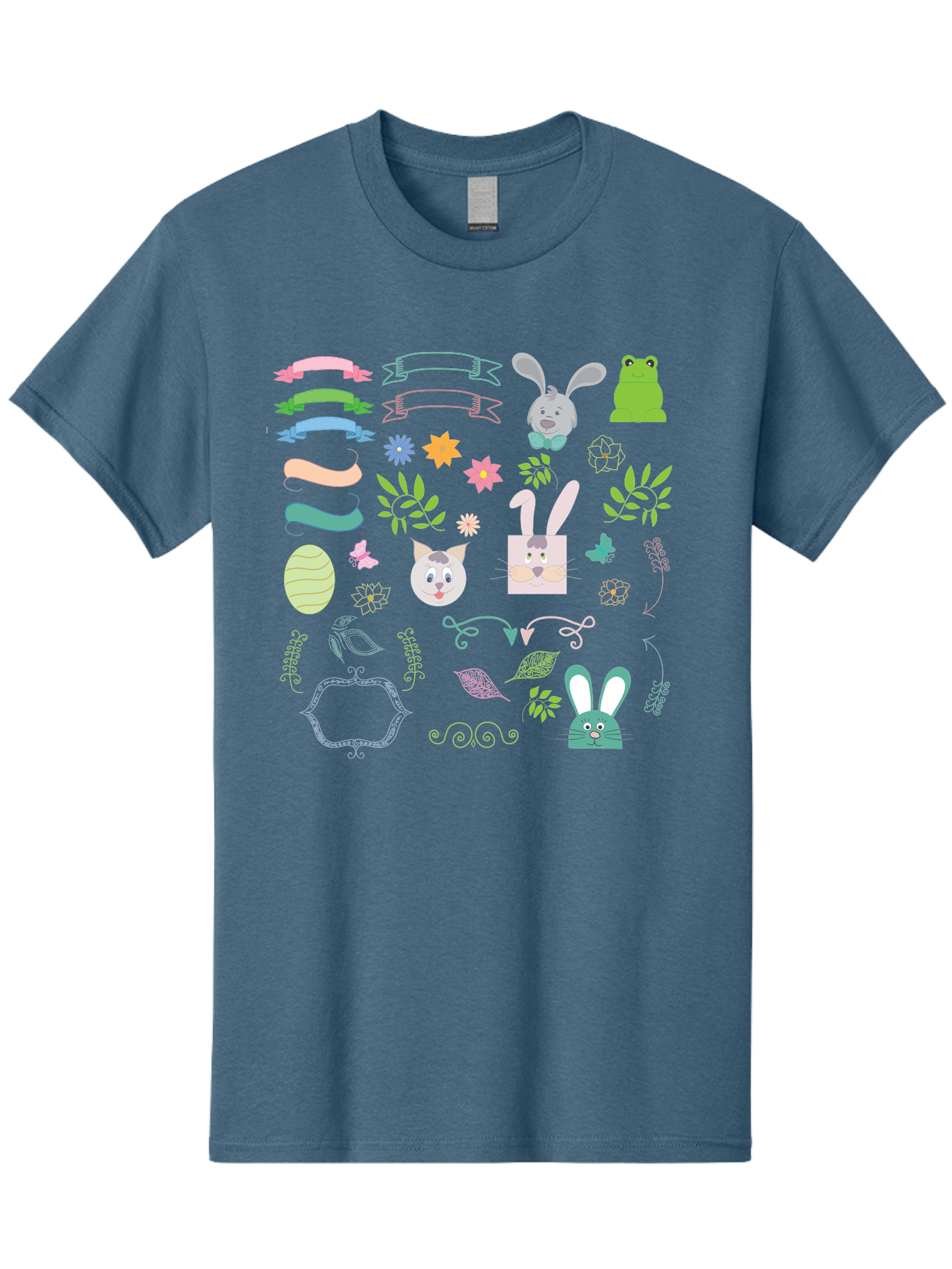 Easter-Clipart Men'S Graphic Tee, 100% Cotton, Comfortable Casual Summer Wear, Machine Washable, Bunny, Easter Eggs, Cat Face, Frog, Flowers, Butterflies, Leaves, Gift Box, Spring Decorations, Pastel Colors, Easter Basket Aac670 5