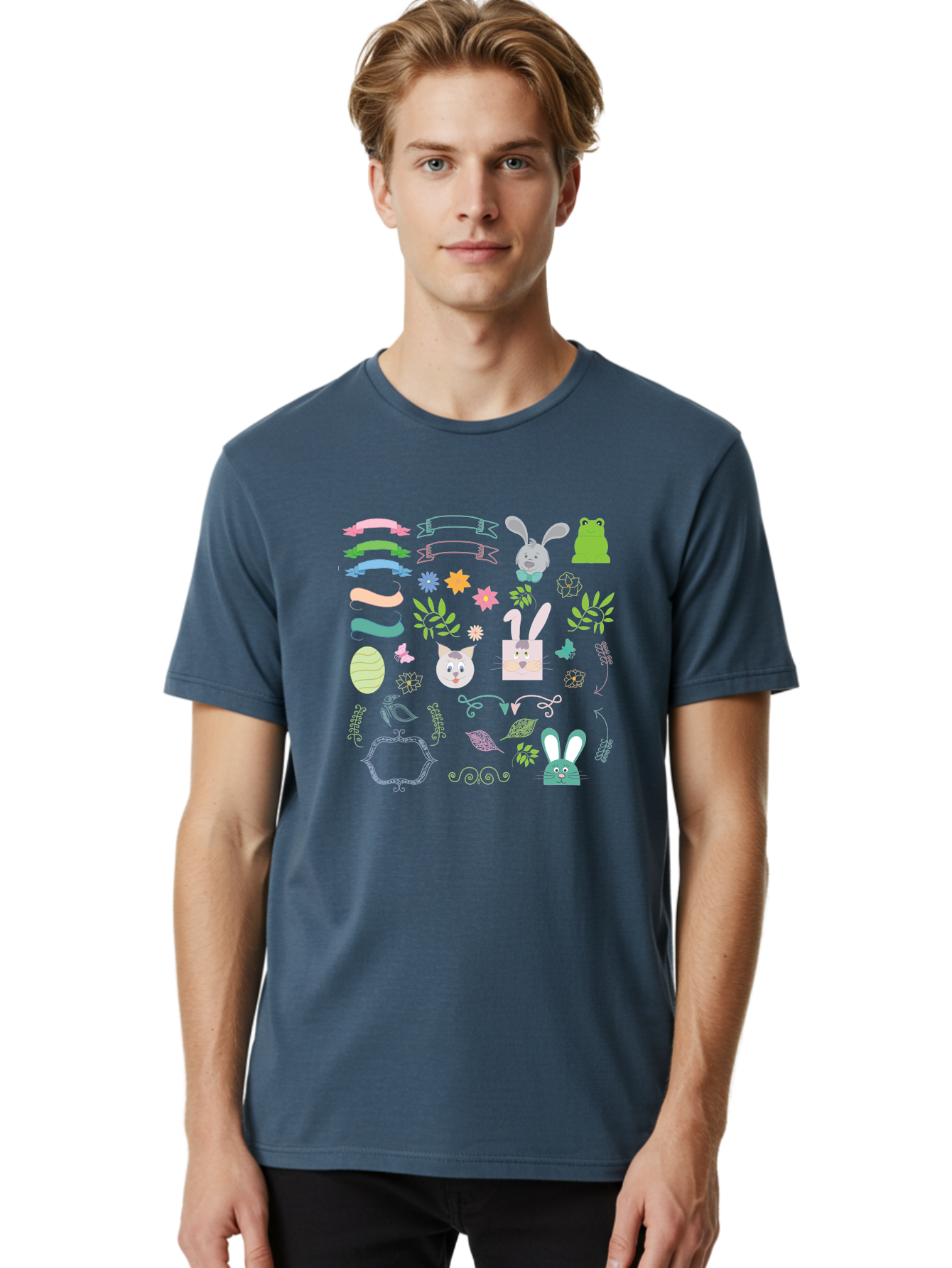Easter-Clipart Men'S Graphic Tee, 100% Cotton, Comfortable Casual Summer Wear, Machine Washable, Bunny, Easter Eggs, Cat Face, Frog, Flowers, Butterflies, Leaves, Gift Box, Spring Decorations, Pastel Colors, Easter Basket Aac670 6