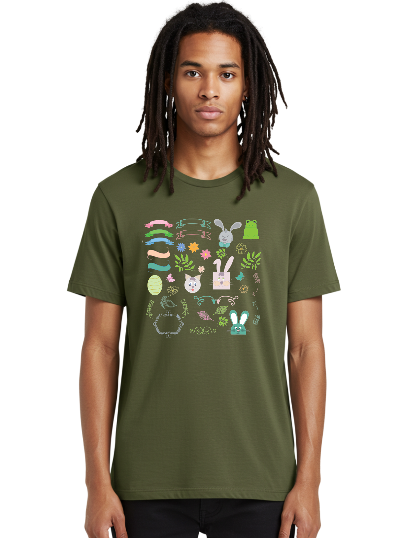 Easter-Clipart Men'S Graphic Tee, 100% Cotton, Comfortable Casual Summer Wear, Machine Washable, Bunny, Easter Eggs, Cat Face, Frog, Flowers, Butterflies, Leaves, Gift Box, Spring Decorations, Pastel Colors, Easter Basket Aac670 26