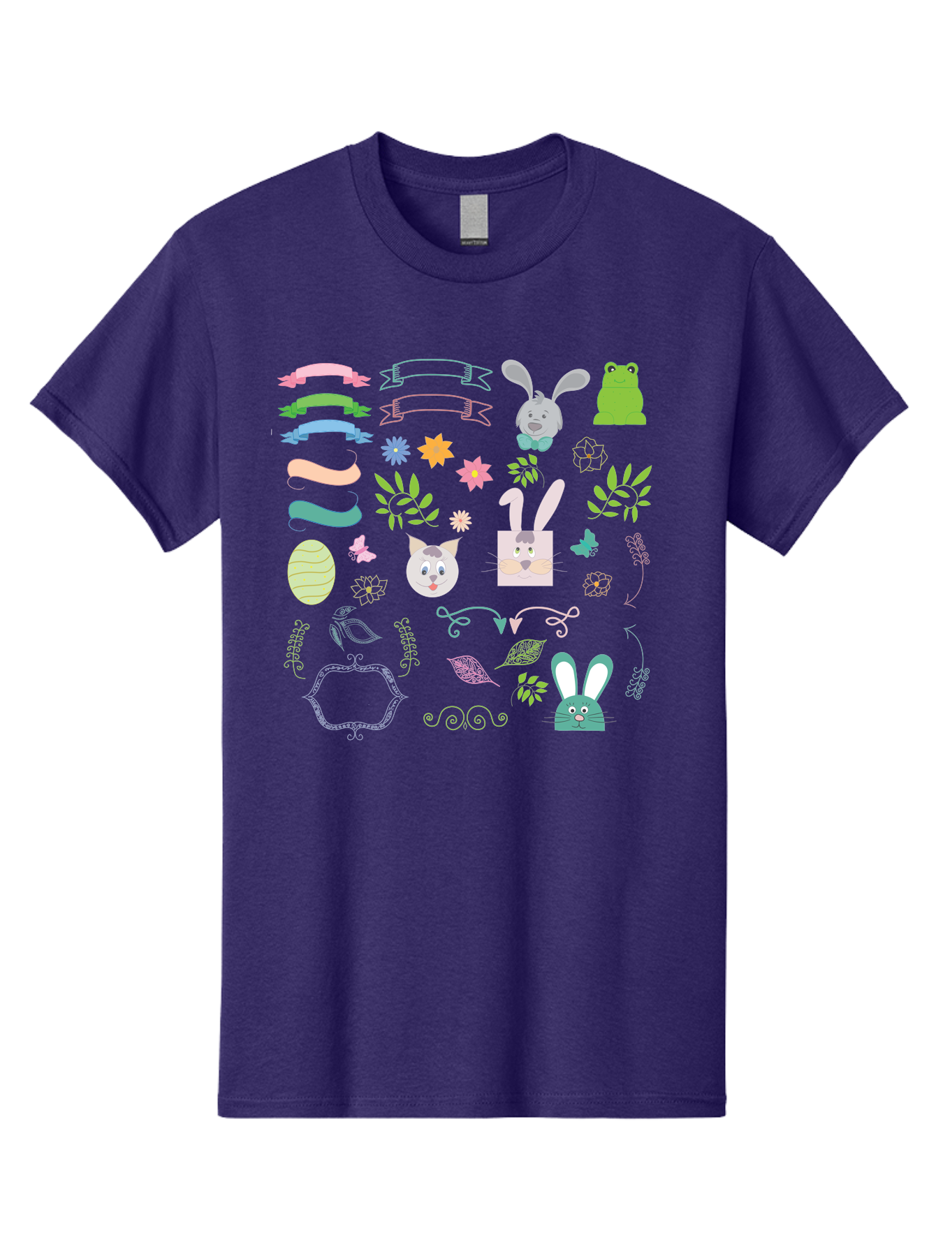 Easter-Clipart Men'S Graphic Tee, 100% Cotton, Comfortable Casual Summer Wear, Machine Washable, Bunny, Easter Eggs, Cat Face, Frog, Flowers, Butterflies, Leaves, Gift Box, Spring Decorations, Pastel Colors, Easter Basket Aac670 23