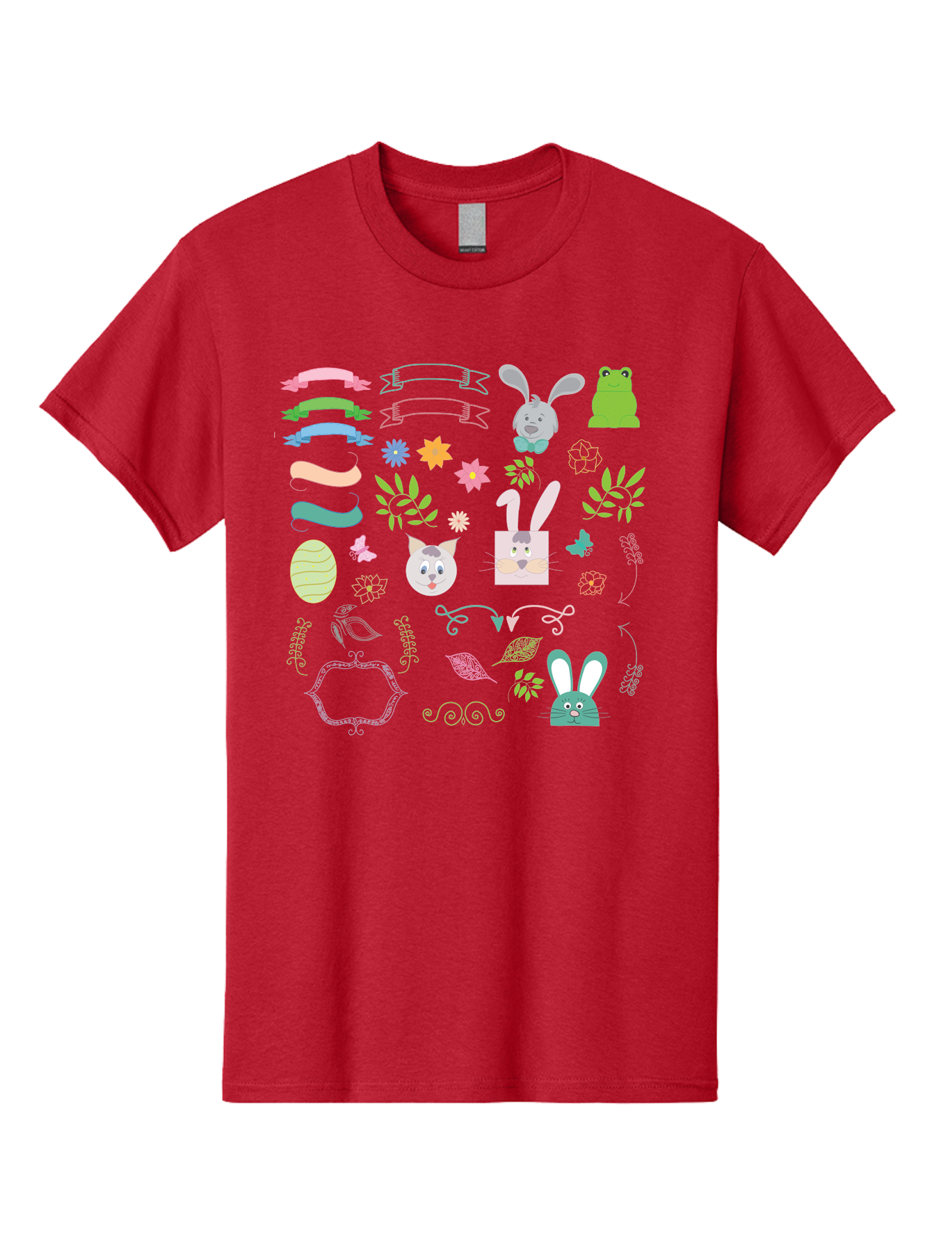 Easter-Clipart Men'S Graphic Tee, 100% Cotton, Comfortable Casual Summer Wear, Machine Washable, Bunny, Easter Eggs, Cat Face, Frog, Flowers, Butterflies, Leaves, Gift Box, Spring Decorations, Pastel Colors, Easter Basket Aac670 3