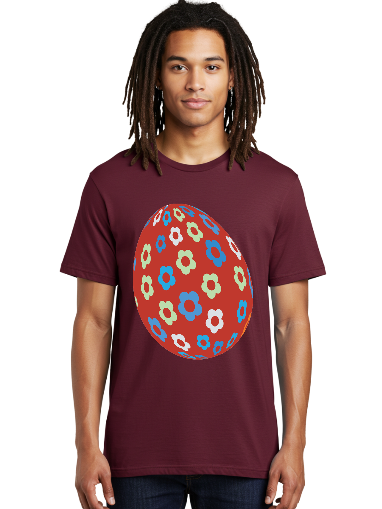 Easter-Egg-1 Men'S Graphic Tee, 100% Cotton, Comfortable Casual Summer Wear, Machine Washable, Easter Egg, Floral Pattern, Colorful Flowers, Red Egg, Blue Flowers, White Flowers, Green Flowers, Festive Design, Spring Theme, Decorated Egg, Aac671 8