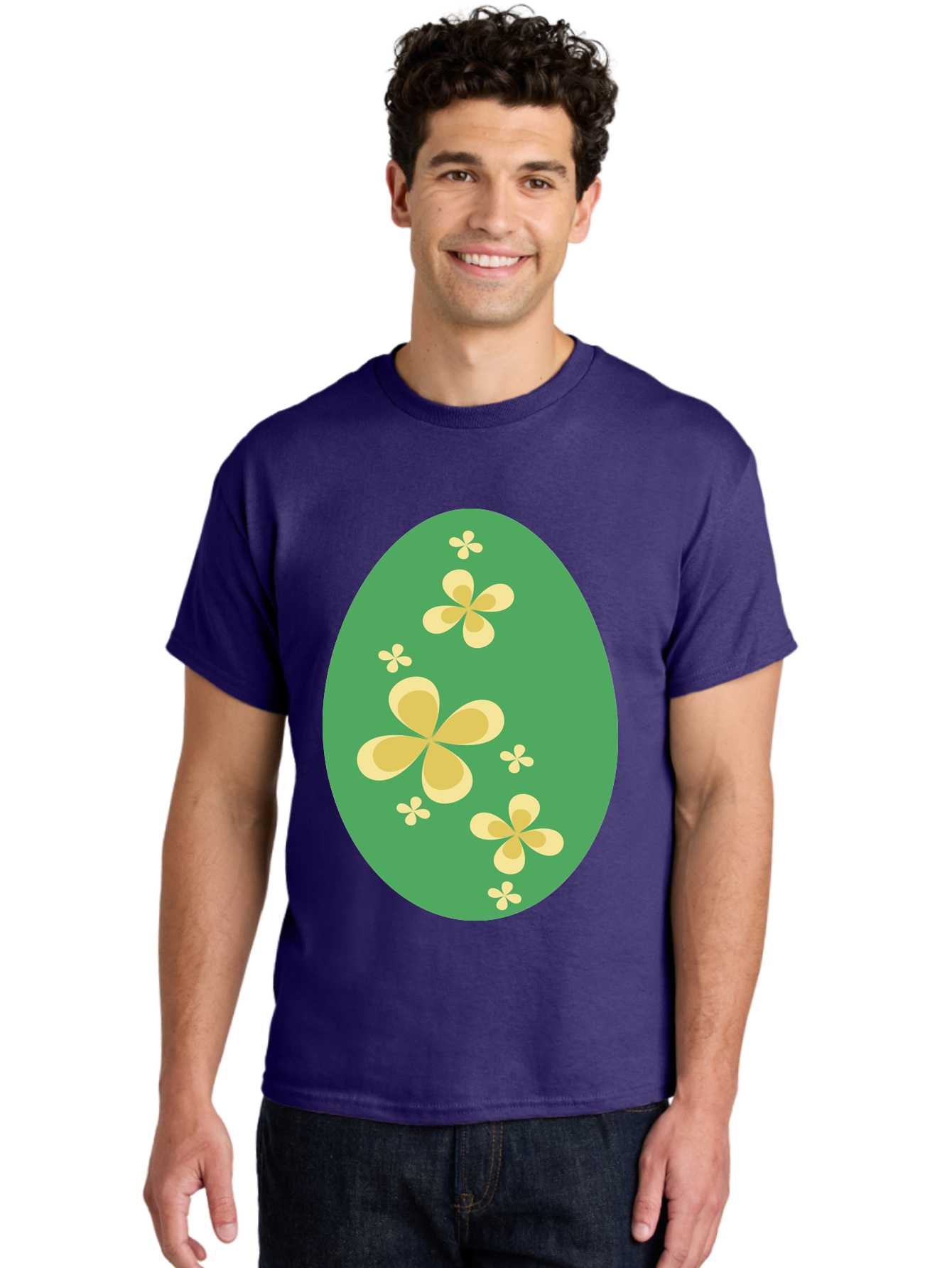 Easter-Egg-2 Men'S Graphic Tee, 100% Cotton, Comfortable Casual Summer Wear, Machine Washable, Easter Egg, Floral Pattern, Yellow Flowers, Oval Shape, Decorative Design, Spring Theme, Easter Decoration, Floral Motif, Pastel Colors Aac672 18