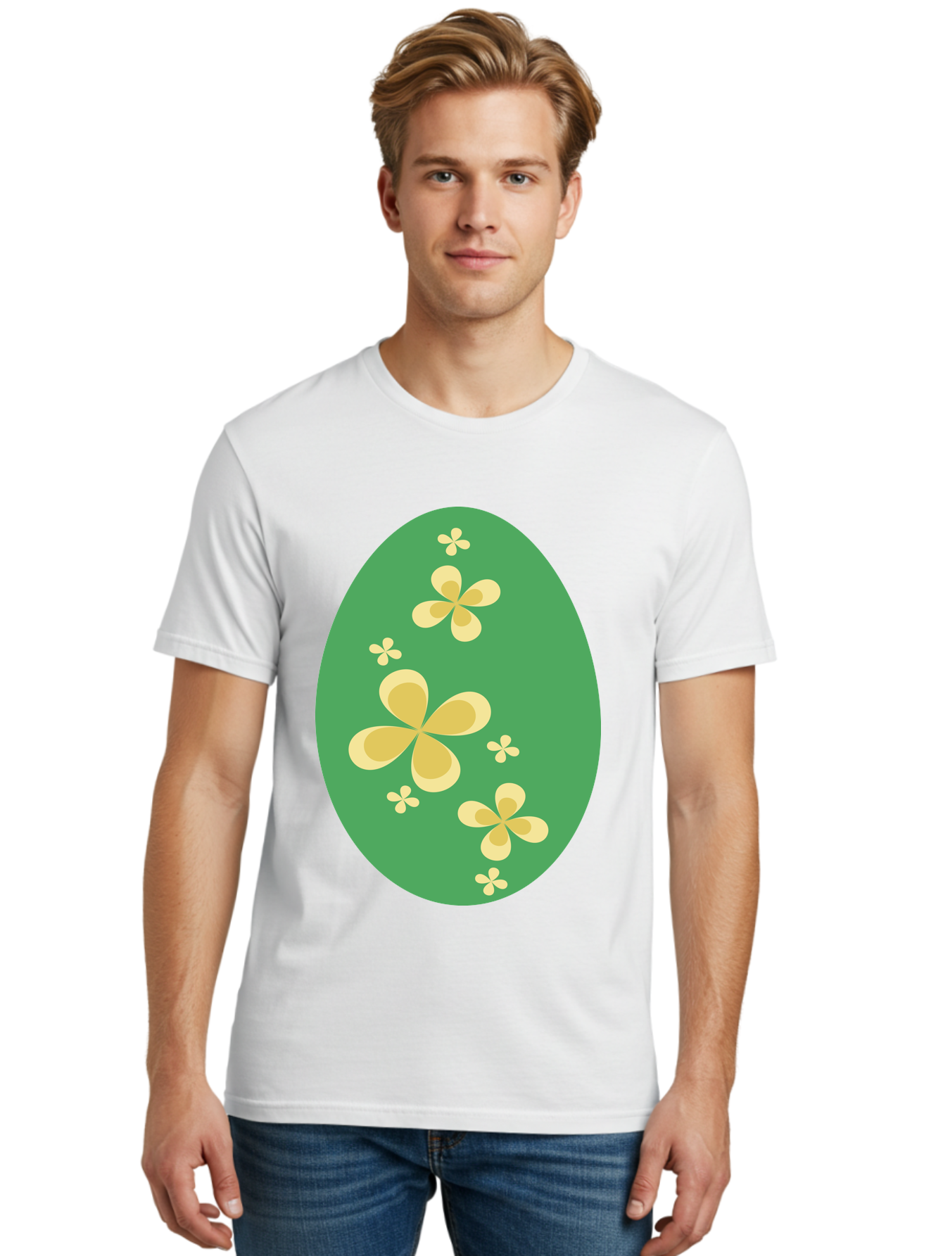 Easter-Egg-2 Men'S Graphic Tee, 100% Cotton, Comfortable Casual Summer Wear, Machine Washable, Easter Egg, Floral Pattern, Yellow Flowers, Oval Shape, Decorative Design, Spring Theme, Easter Decoration, Floral Motif, Pastel Colors Aac672 28