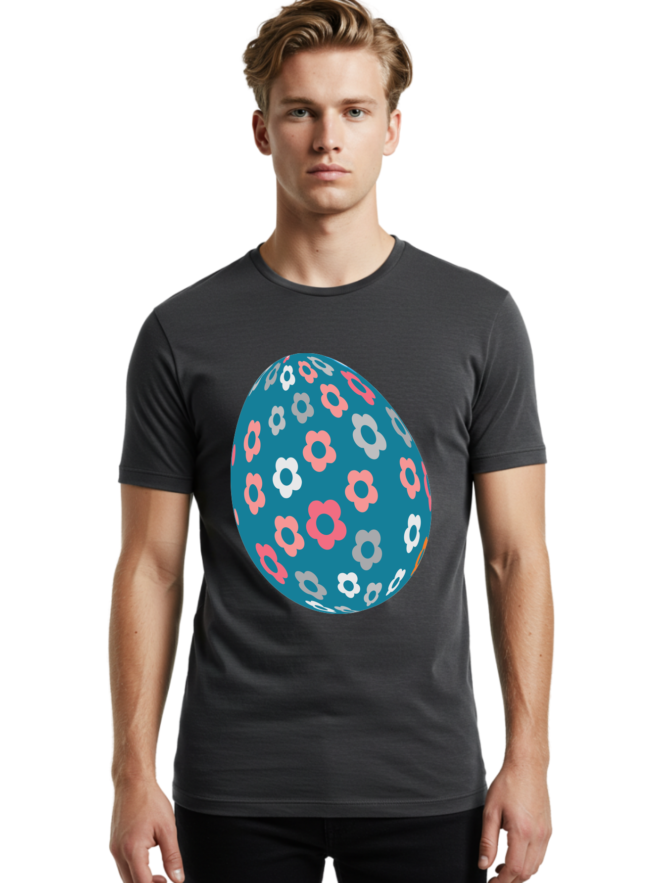 Easter-Egg Men'S Graphic Tee, 100% Cotton, Comfortable Casual Summer Wear, Machine Washable, Blue Easter Egg, Floral Pattern, Pink And White Flowers, Spring Decoration, Easter Egg Decoration, Digital Illustration, Easter Theme, Aac676 10