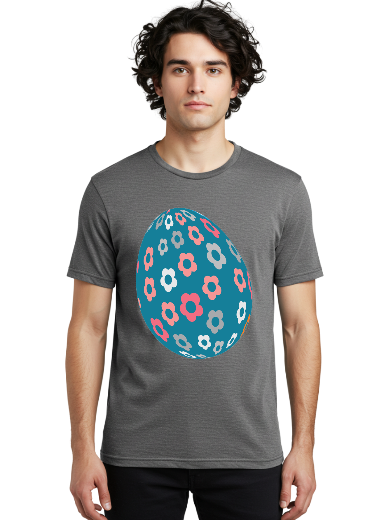 Easter-Egg Men'S Graphic Tee, 100% Cotton, Comfortable Casual Summer Wear, Machine Washable, Blue Easter Egg, Floral Pattern, Pink And White Flowers, Spring Decoration, Easter Egg Decoration, Digital Illustration, Easter Theme, Aac676 12