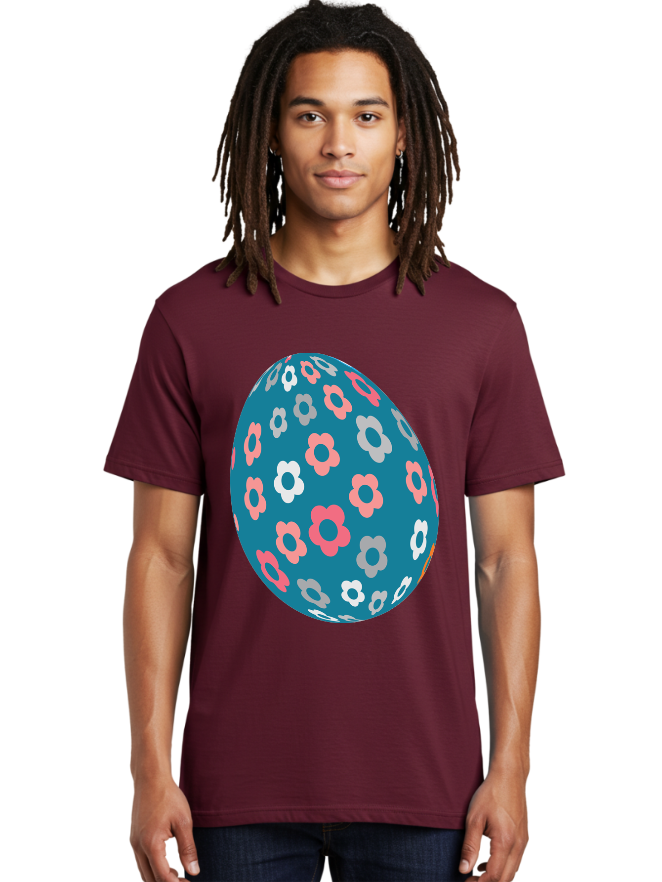 Easter-Egg Men'S Graphic Tee, 100% Cotton, Comfortable Casual Summer Wear, Machine Washable, Blue Easter Egg, Floral Pattern, Pink And White Flowers, Spring Decoration, Easter Egg Decoration, Digital Illustration, Easter Theme, Aac676 2