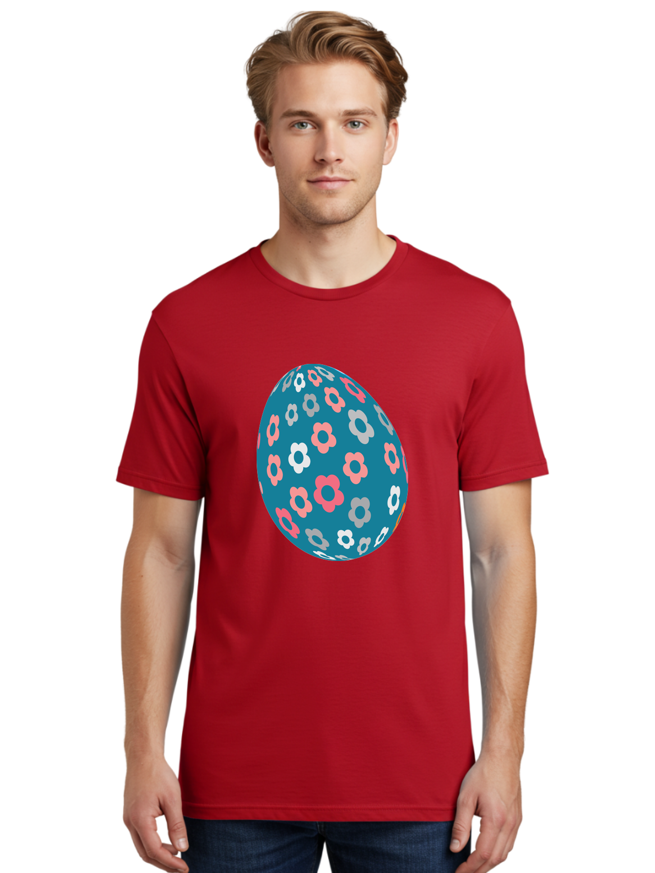 Easter-Egg Men'S Graphic Tee, 100% Cotton, Comfortable Casual Summer Wear, Machine Washable, Blue Easter Egg, Floral Pattern, Pink And White Flowers, Spring Decoration, Easter Egg Decoration, Digital Illustration, Easter Theme, Aac676 26